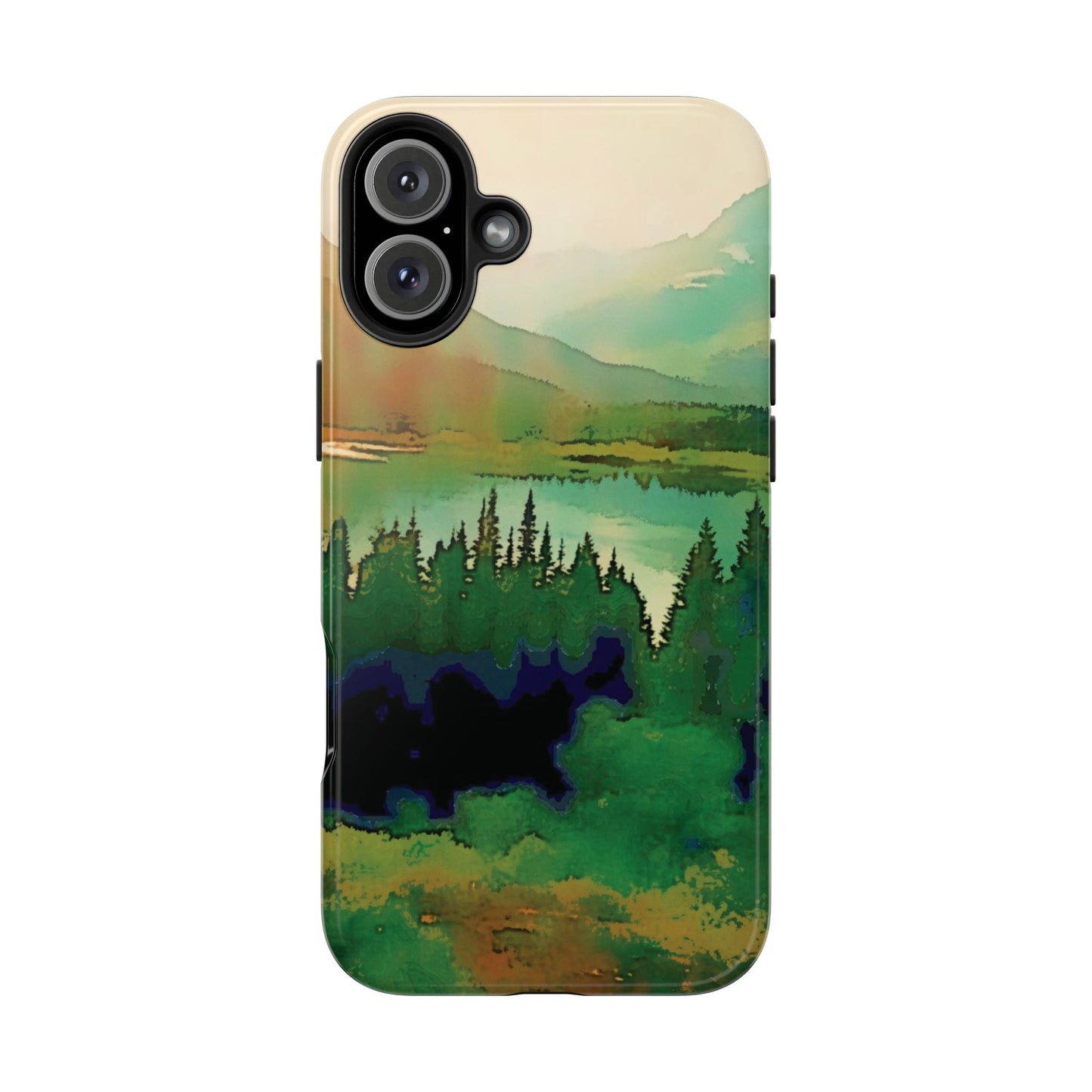 Mountain Lake Tough Phone Cases, iPhone & Samsung cases, wireless charging, trees, nature, colorful, original artwork, gifts, Christmas