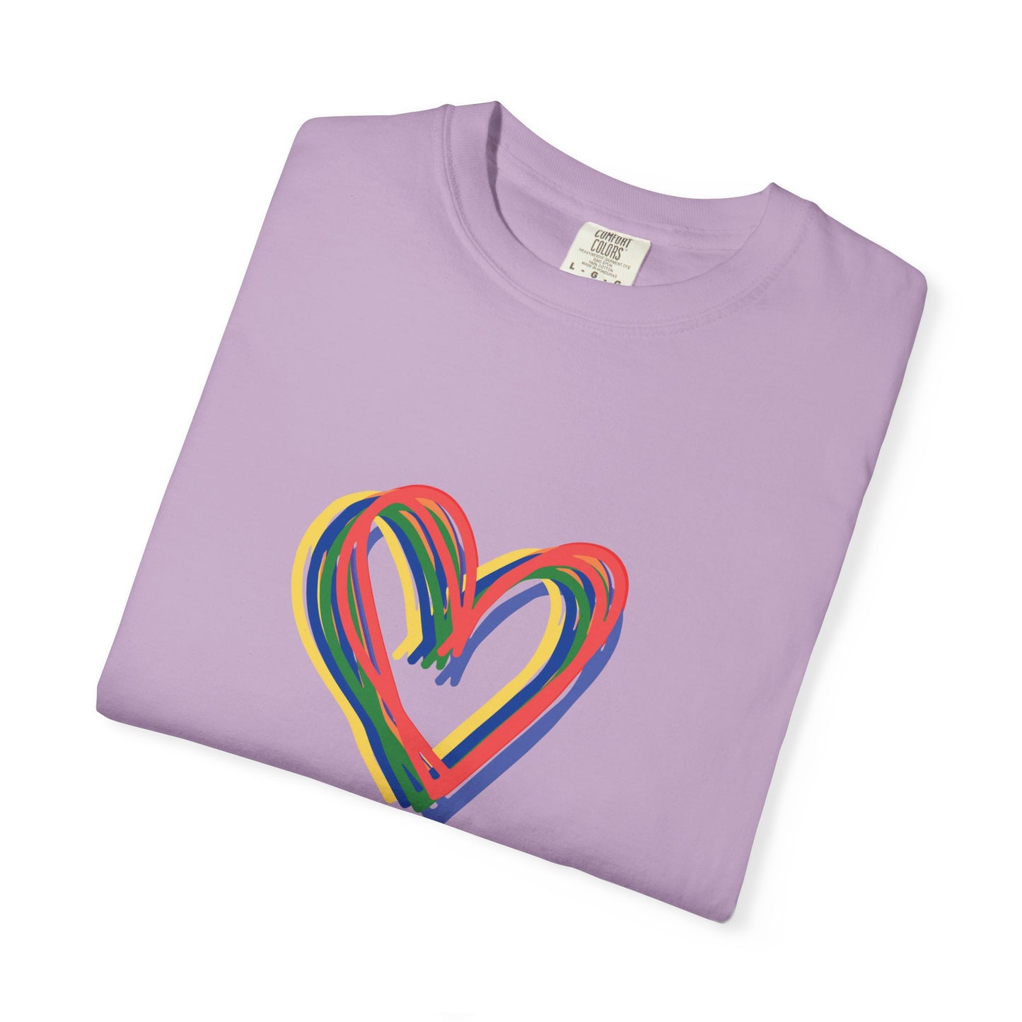 Rainbow Hearts Unisex Garment-Dyed T-shirt, love, Pride, gender neutral, casual, men, women, relaxed, soft, preshrunk cotton, Valentines Day