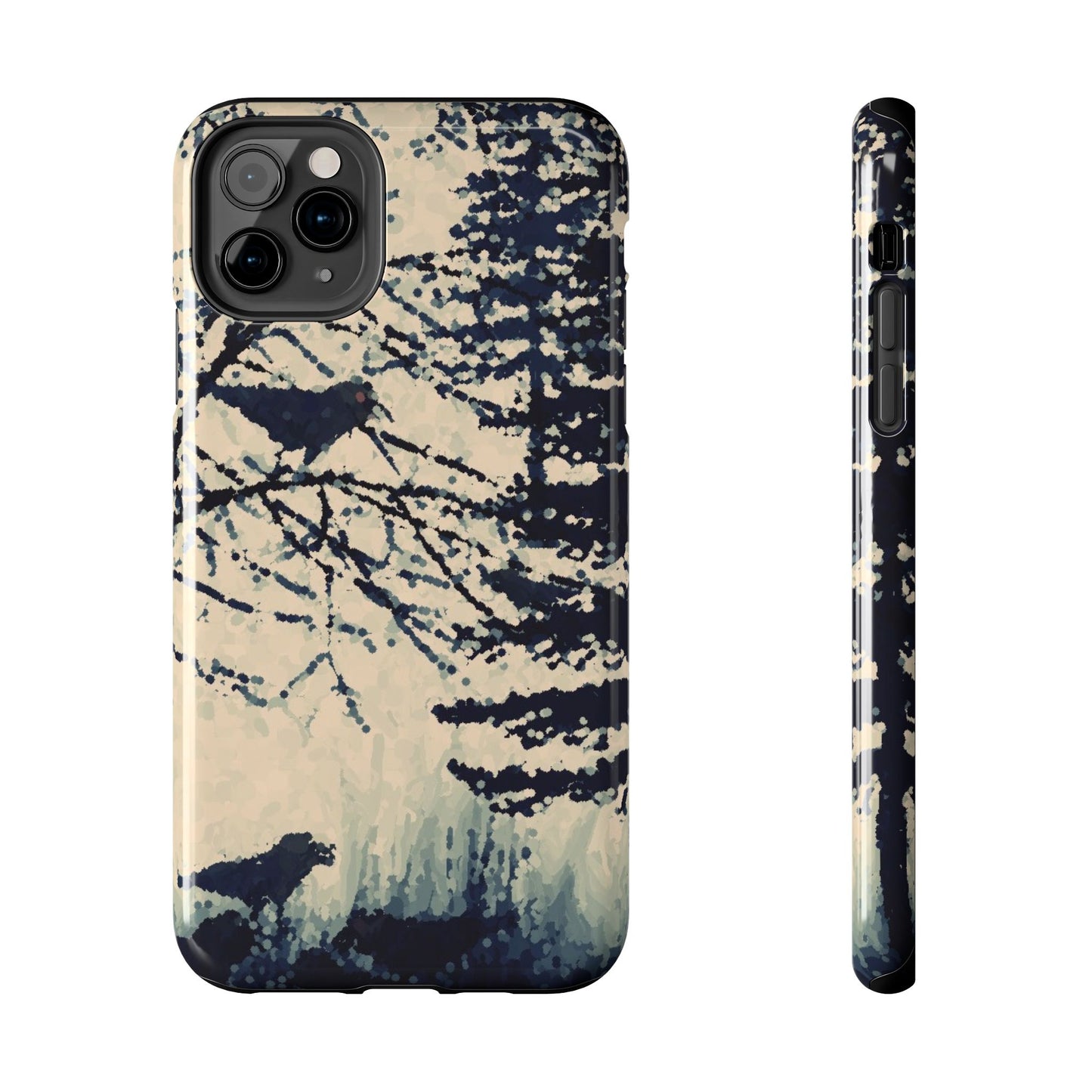 Crows in Forest Tough Phone Cases, iPhone & Samsung cases, wireless charging, crows, trees, birds, original artwork, gifts, Halloween