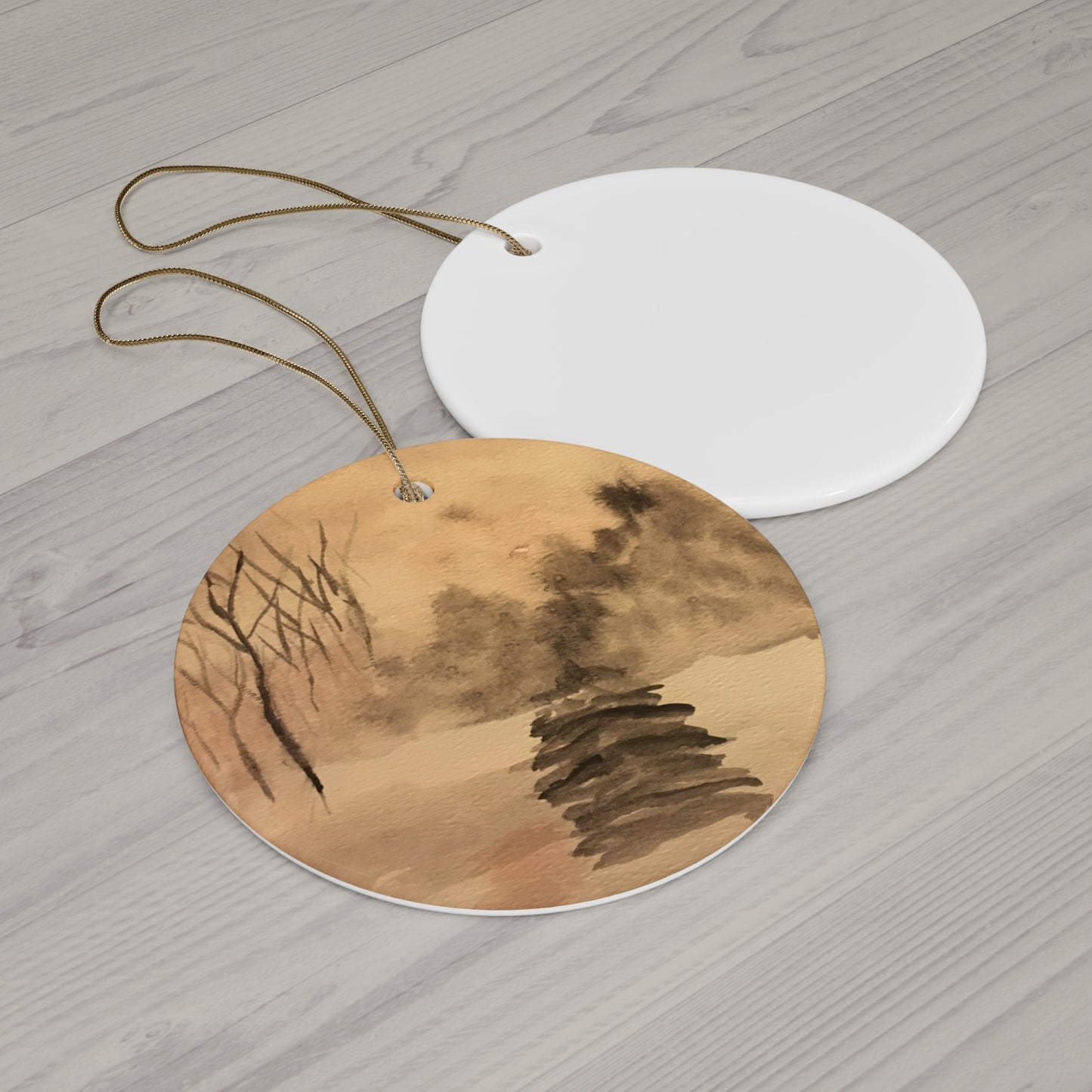 Winter Scene Hanging Ceramic Ornament, 2 Shapes, Round or Snowflake, Christmas Tree, Holiday, Gifts, Snow, Pine Trees, Forest