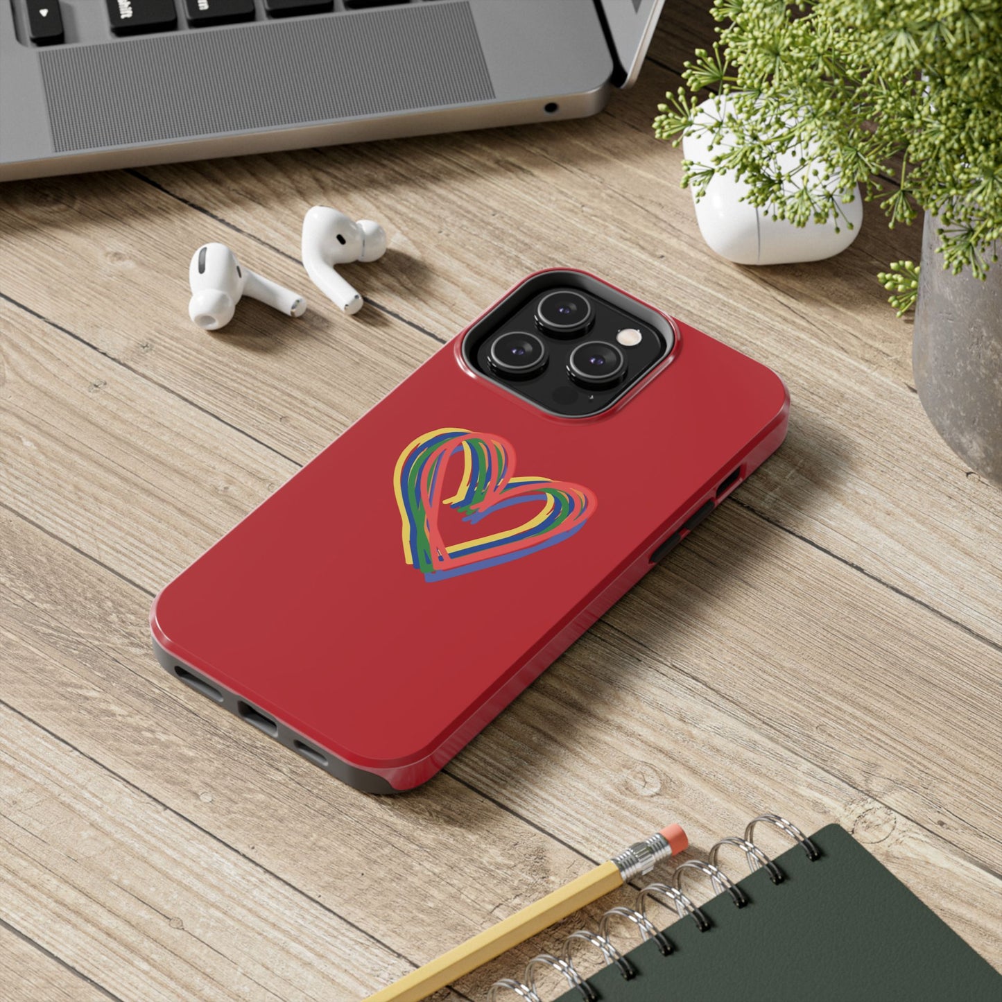 Rainbow Hearts Tough Phone Case, Red Phone Cover, Smartphone Case, Heart Pattern Phone Shell, Phone Hard Case, Colorful, Wireless Charging