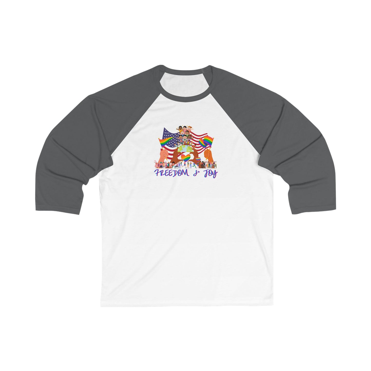 Freedom & Joy Unisex 3\4 Sleeve Baseball Tee, love, happy, inclusion, equality, pride, gender neutral, gift for women men teens friends