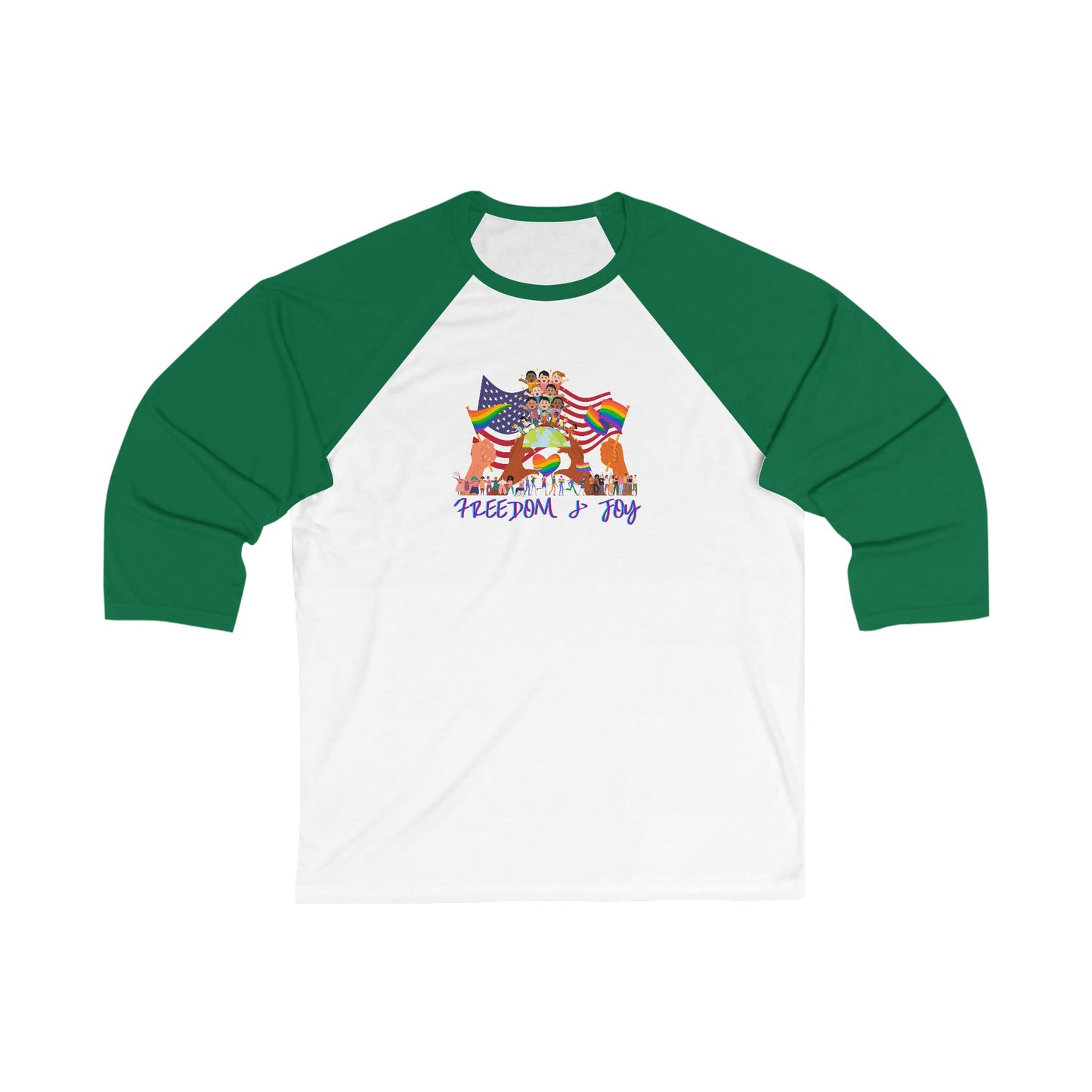 Freedom & Joy Unisex 3\4 Sleeve Baseball Tee, love, happy, inclusion, equality, pride, gender neutral, gift for women men teens friends