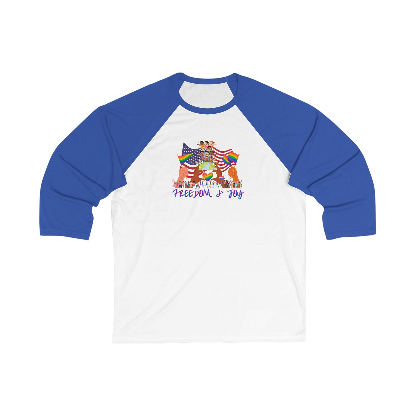 Freedom & Joy Unisex 3\4 Sleeve Baseball Tee, love, happy, inclusion, equality, pride, gender neutral, gift for women men teens friends
