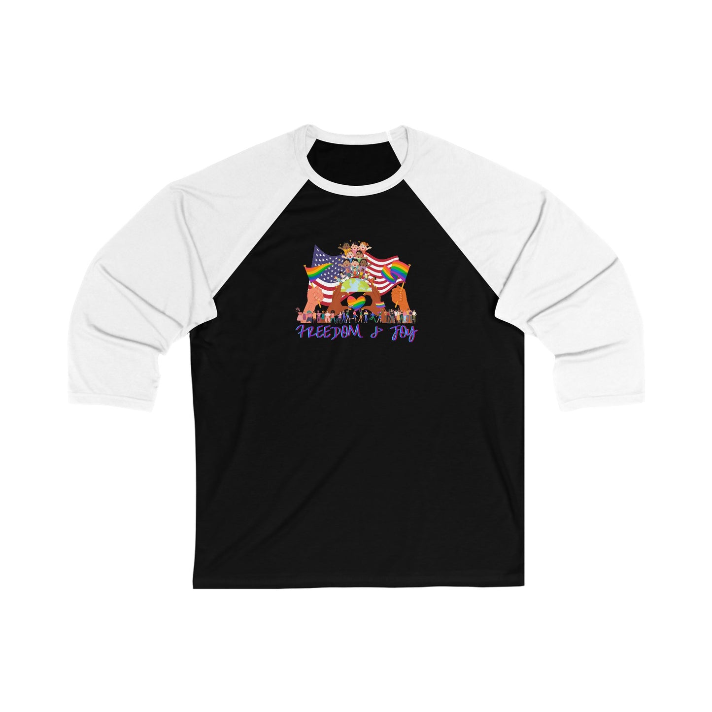 Freedom & Joy Unisex 3\4 Sleeve Baseball Tee, love, happy, inclusion, equality, pride, gender neutral, gift for women men teens friends