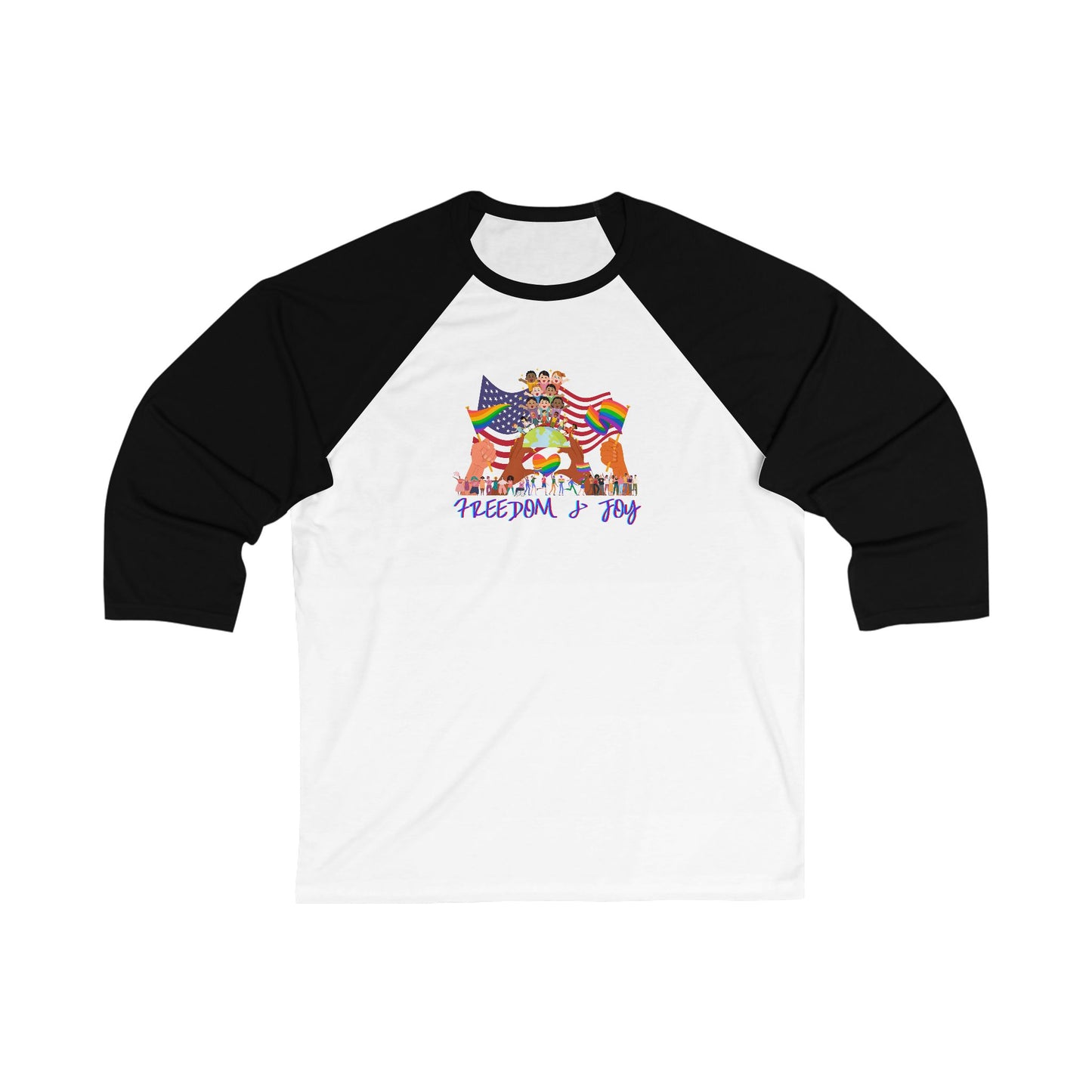 Freedom & Joy Unisex 3\4 Sleeve Baseball Tee, love, happy, inclusion, equality, pride, gender neutral, gift for women men teens friends