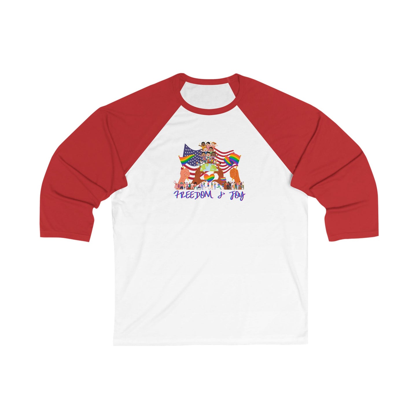 Freedom & Joy Unisex 3\4 Sleeve Baseball Tee, love, happy, inclusion, equality, pride, gender neutral, gift for women men teens friends