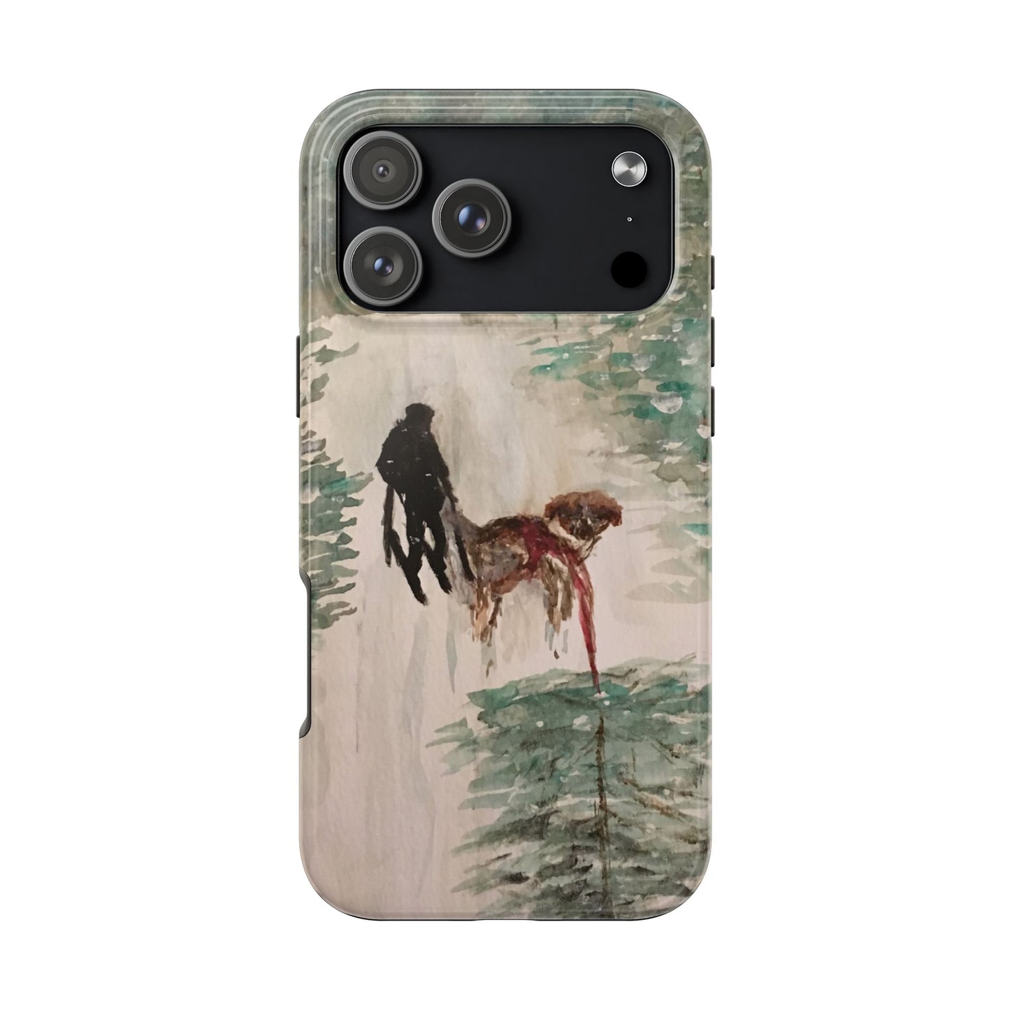 Skier Dog Pulling Tree Tough Phone Cases, iPhone & Samsung cases, wireless charging, pine trees, snow, original artwork, gifts, Christmas