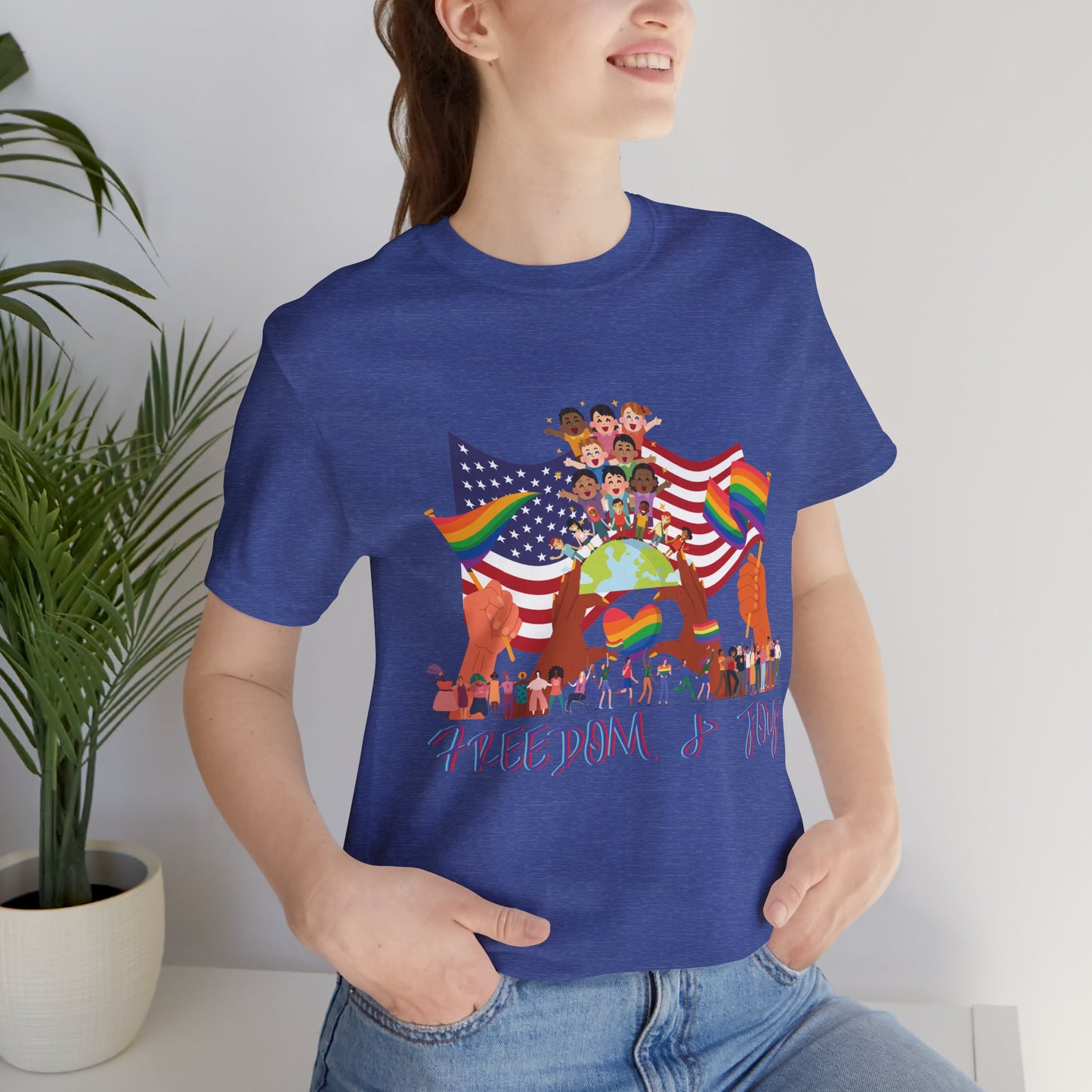 Freedom & Joy Unisex Tee, America, Inclusion, Equality, Love, Pride, Flag, Election, Gift, Comfy, Soft, Casual, Gender Neutral, Short Sleeve