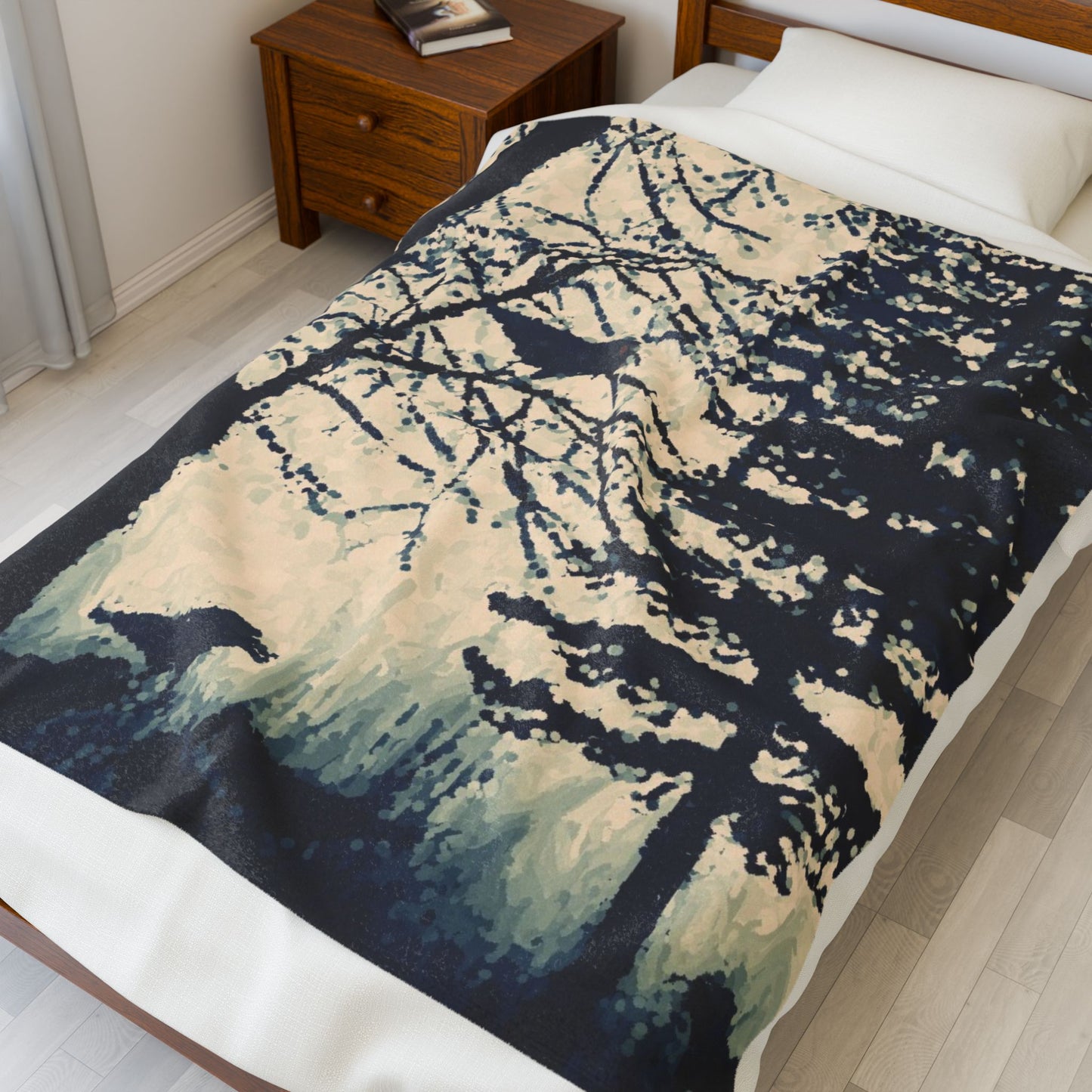 Crows in Forest Velveteen Blanket, Cozy Throw, Home Decor, Gift, Bed Cover, Vibrant Couch Blanket, Birthday Wedding Anniversary Christmas