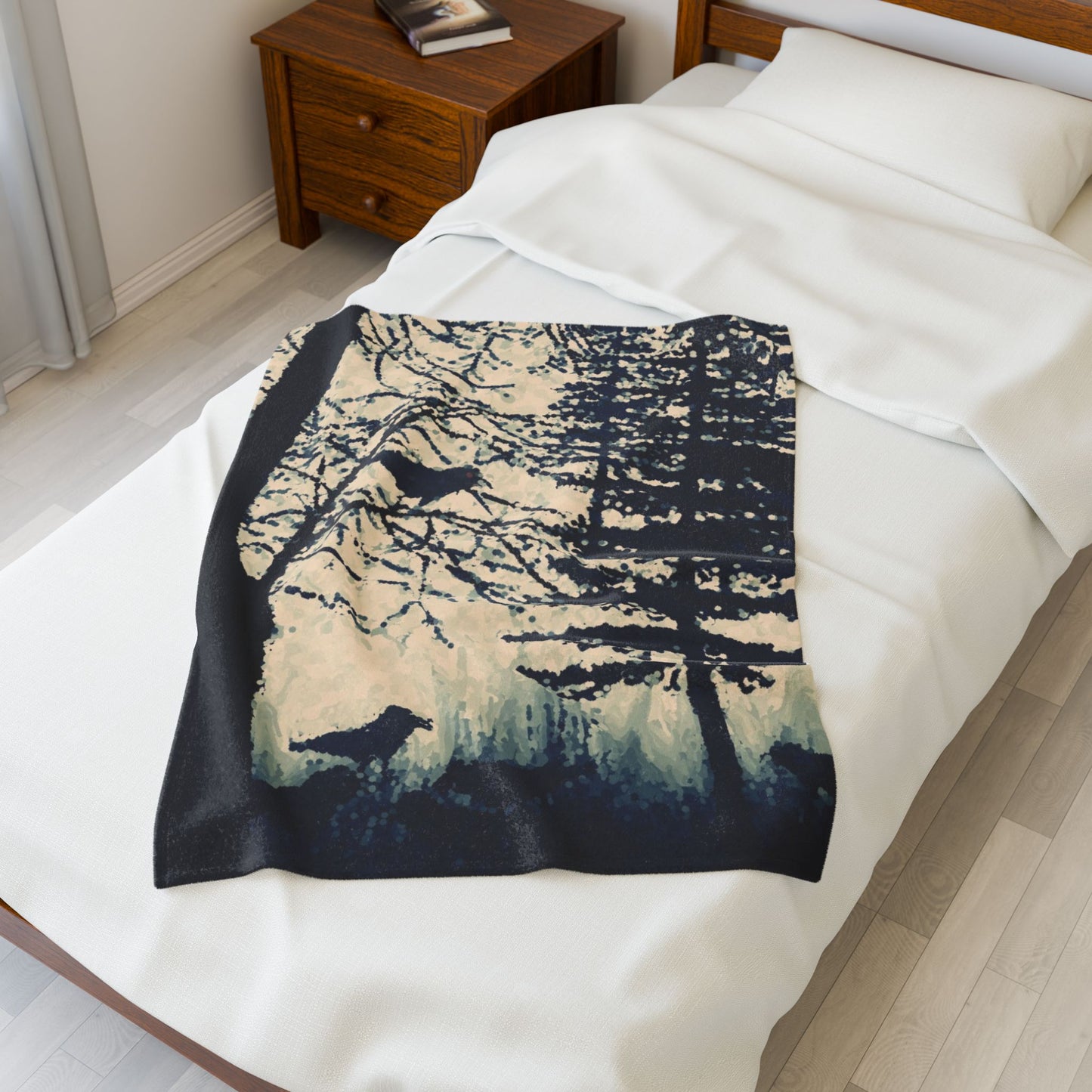 Crows in Forest Velveteen Blanket, Cozy Throw, Home Decor, Gift, Bed Cover, Vibrant Couch Blanket, Birthday Wedding Anniversary Christmas
