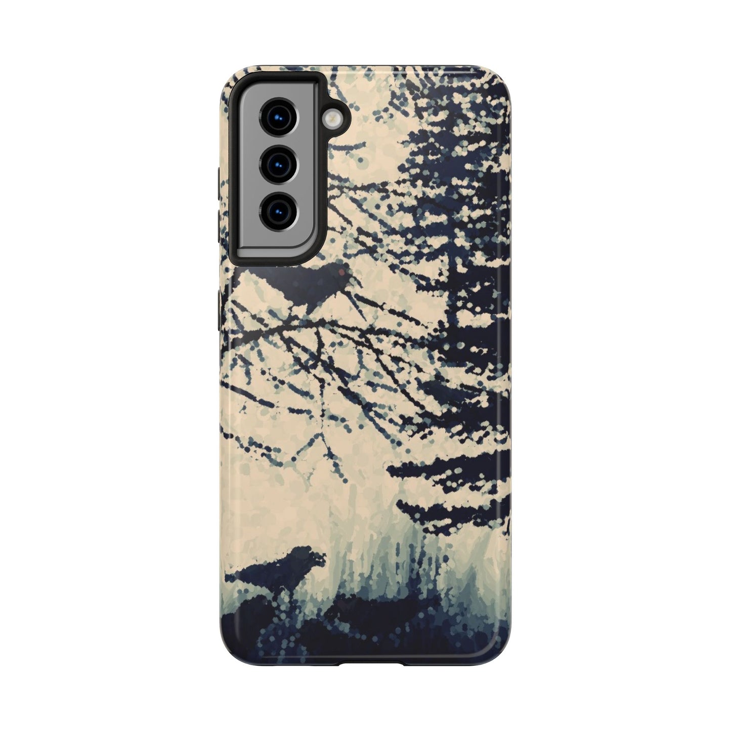 Crows in Forest Tough Phone Cases, iPhone & Samsung cases, wireless charging, crows, trees, birds, original artwork, gifts, Halloween
