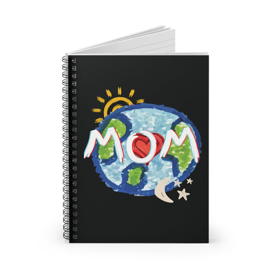 MOM Black Spiral Notebook, Ruled Line, Whole World, Sun, Moon & Stars, Heart, Love, Mothers Day, Gifts for Women, Writing, Journal, Paper
