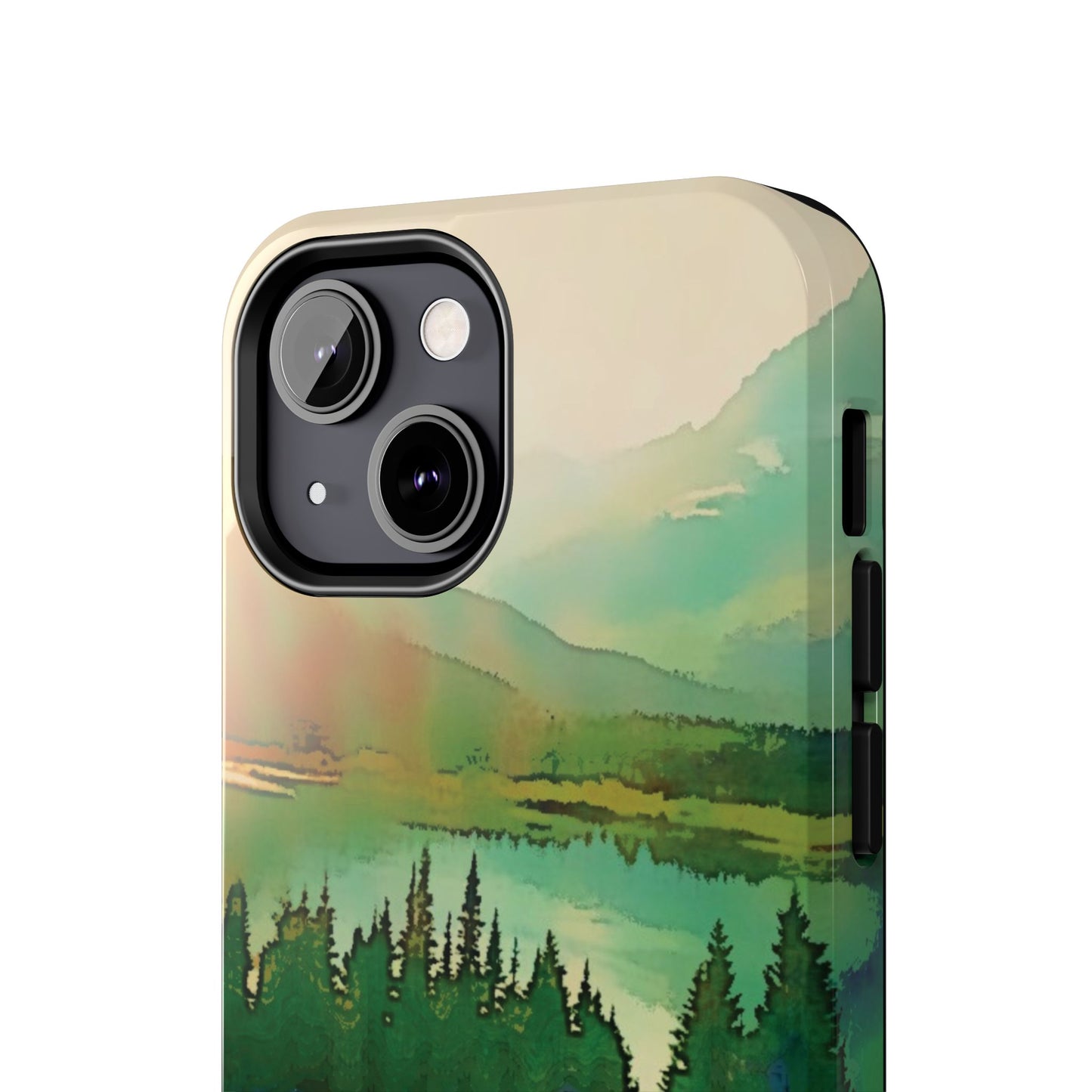 Mountain Lake Tough Phone Cases, iPhone & Samsung cases, wireless charging, trees, nature, colorful, original artwork, gifts, Christmas