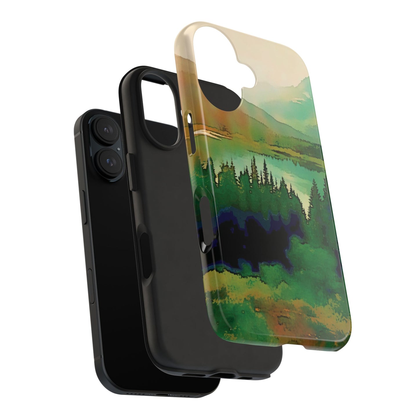 Mountain Lake Tough Phone Cases, iPhone & Samsung cases, wireless charging, trees, nature, colorful, original artwork, gifts, Christmas