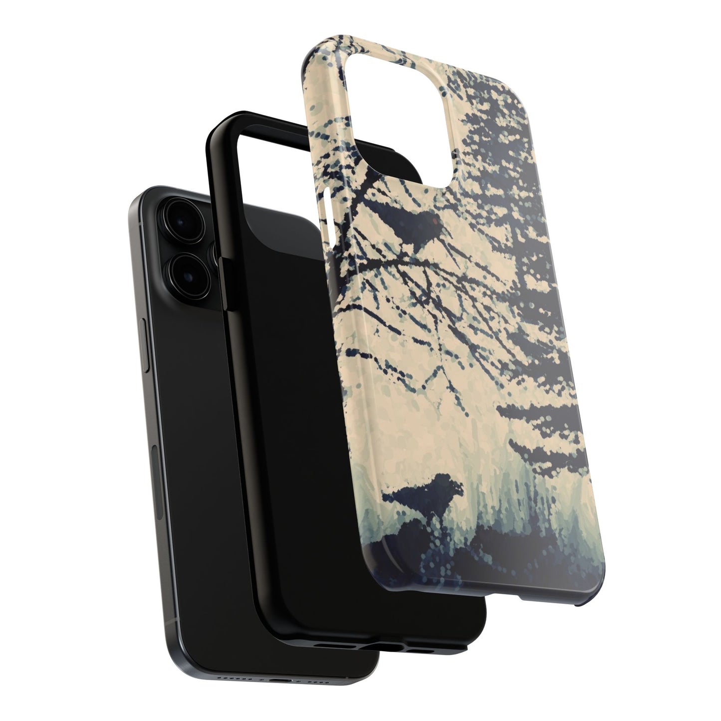 Crows in Forest Tough Phone Cases, iPhone & Samsung cases, wireless charging, crows, trees, birds, original artwork, gifts, Halloween