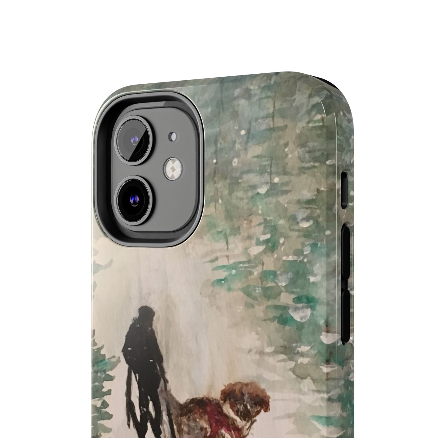 Skier Dog Pulling Tree Tough Phone Cases, iPhone & Samsung cases, wireless charging, pine trees, snow, original artwork, gifts, Christmas