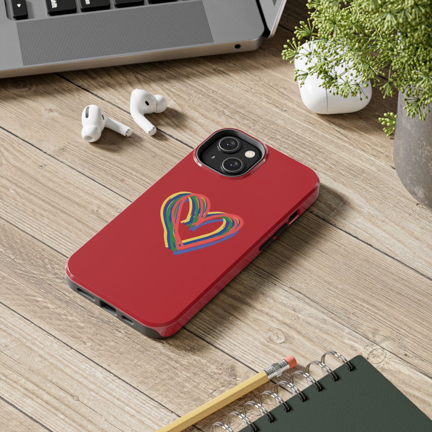 Rainbow Hearts Tough Phone Case, Red Phone Cover, Smartphone Case, Heart Pattern Phone Shell, Phone Hard Case, Colorful, Wireless Charging