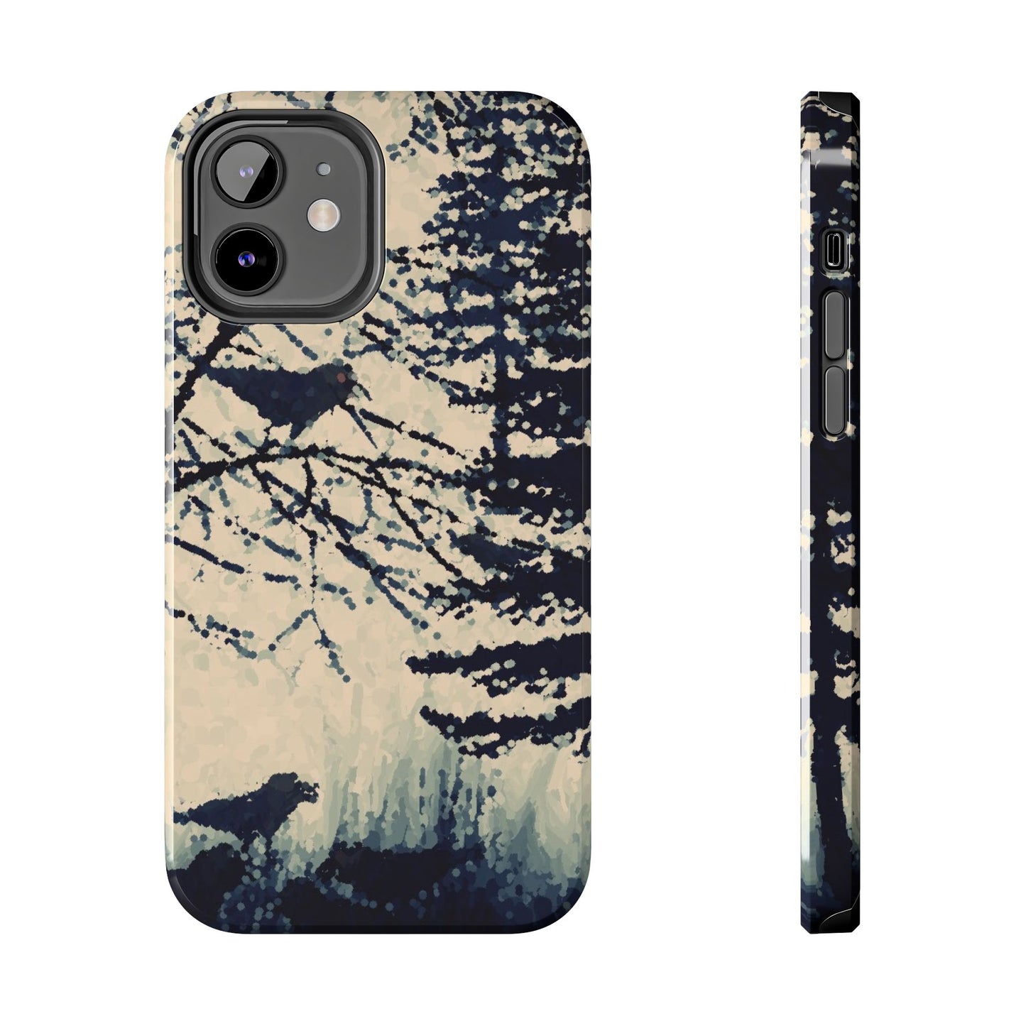 Crows in Forest Tough Phone Cases, iPhone & Samsung cases, wireless charging, crows, trees, birds, original artwork, gifts, Halloween