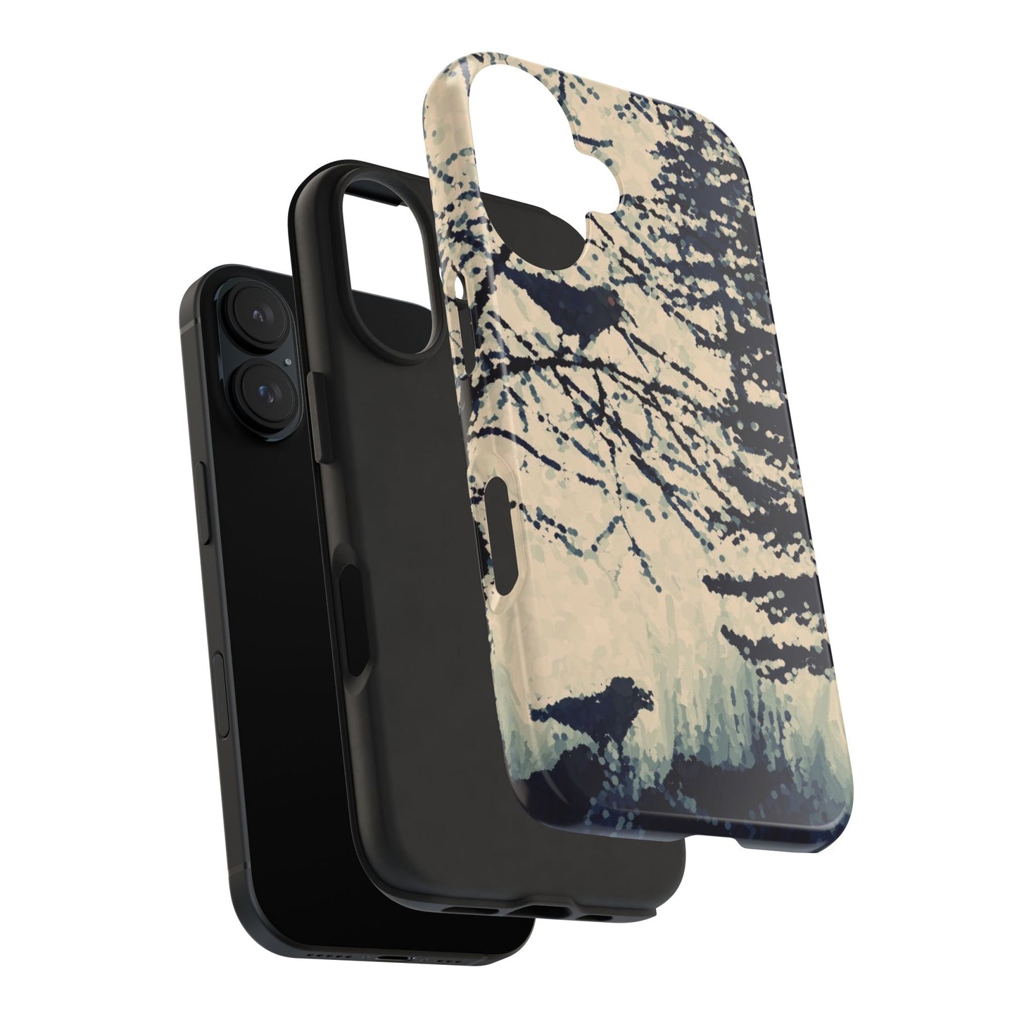 Crows in Forest Tough Phone Cases, iPhone & Samsung cases, wireless charging, crows, trees, birds, original artwork, gifts, Halloween