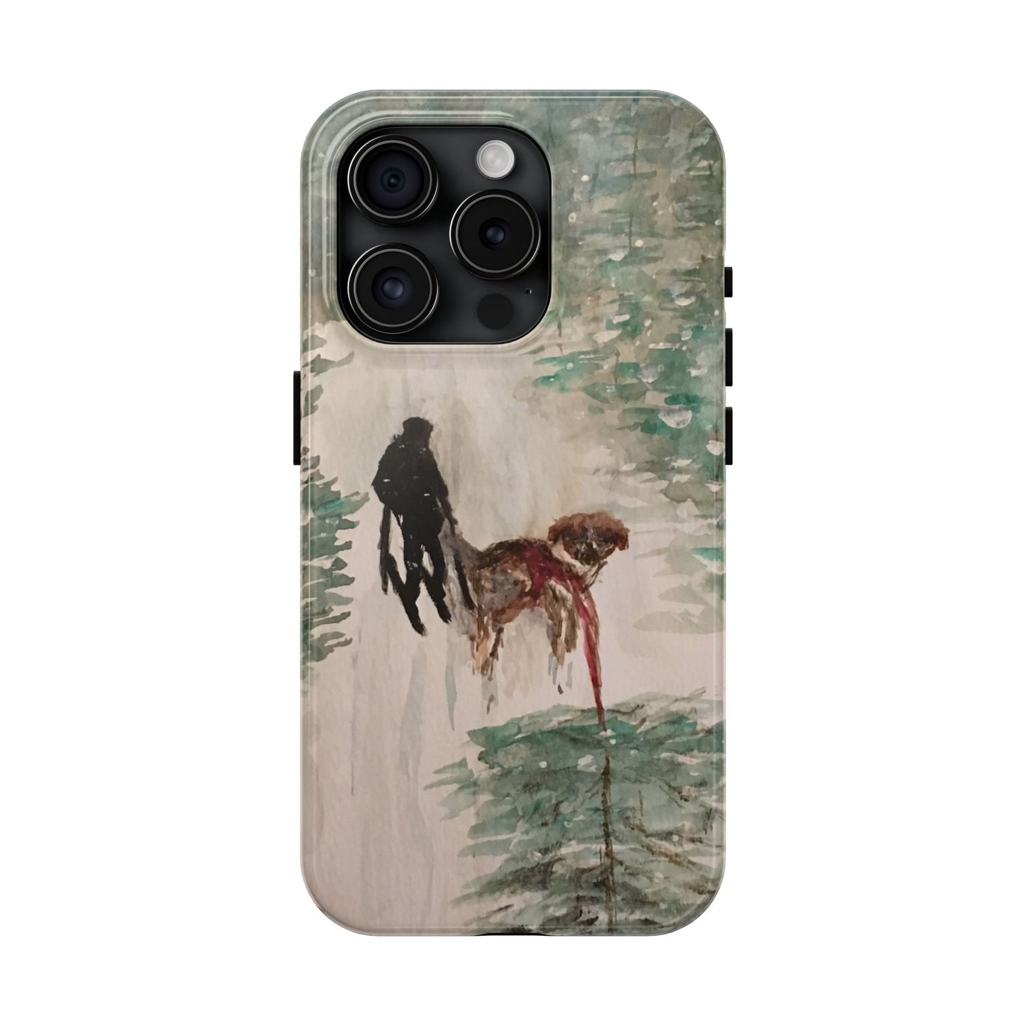 Skier Dog Pulling Tree Tough Phone Cases, iPhone & Samsung cases, wireless charging, pine trees, snow, original artwork, gifts, Christmas