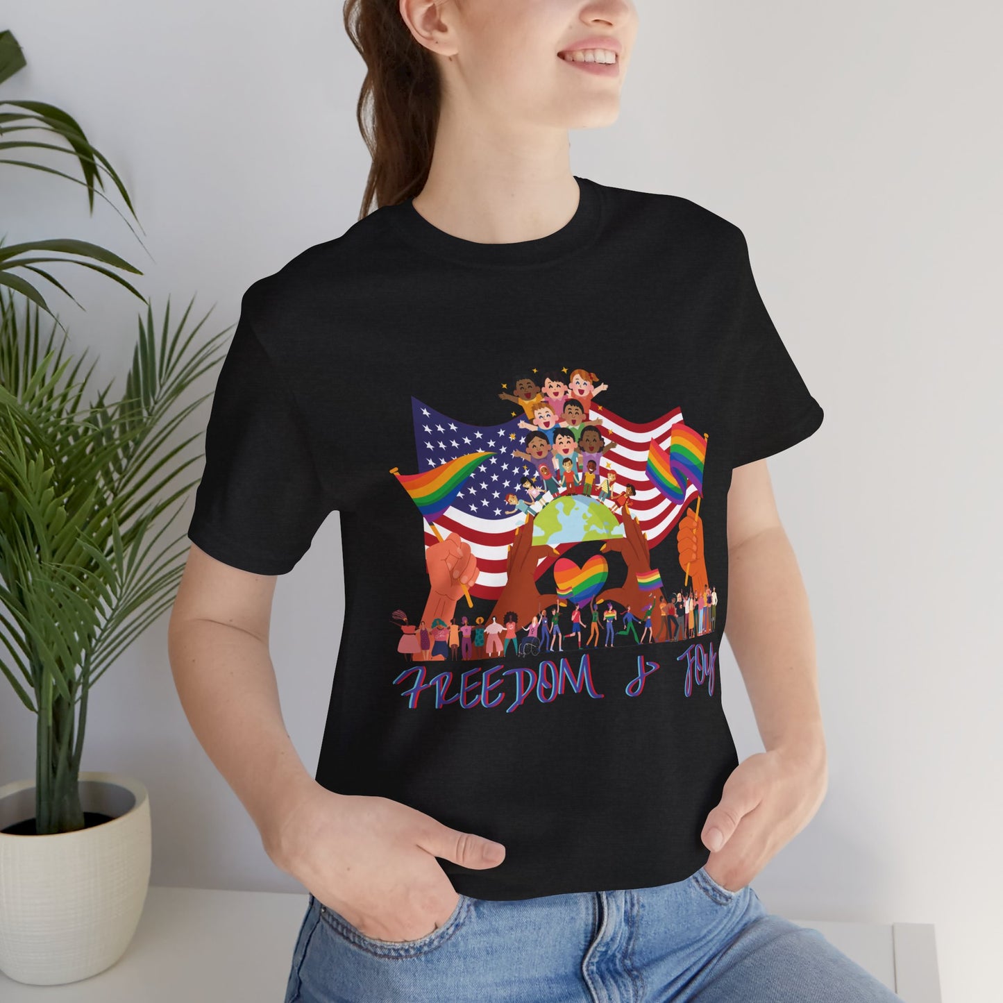Freedom & Joy Unisex Tee, America, Inclusion, Equality, Love, Pride, Flag, Election, Gift, Comfy, Soft, Casual, Gender Neutral, Short Sleeve