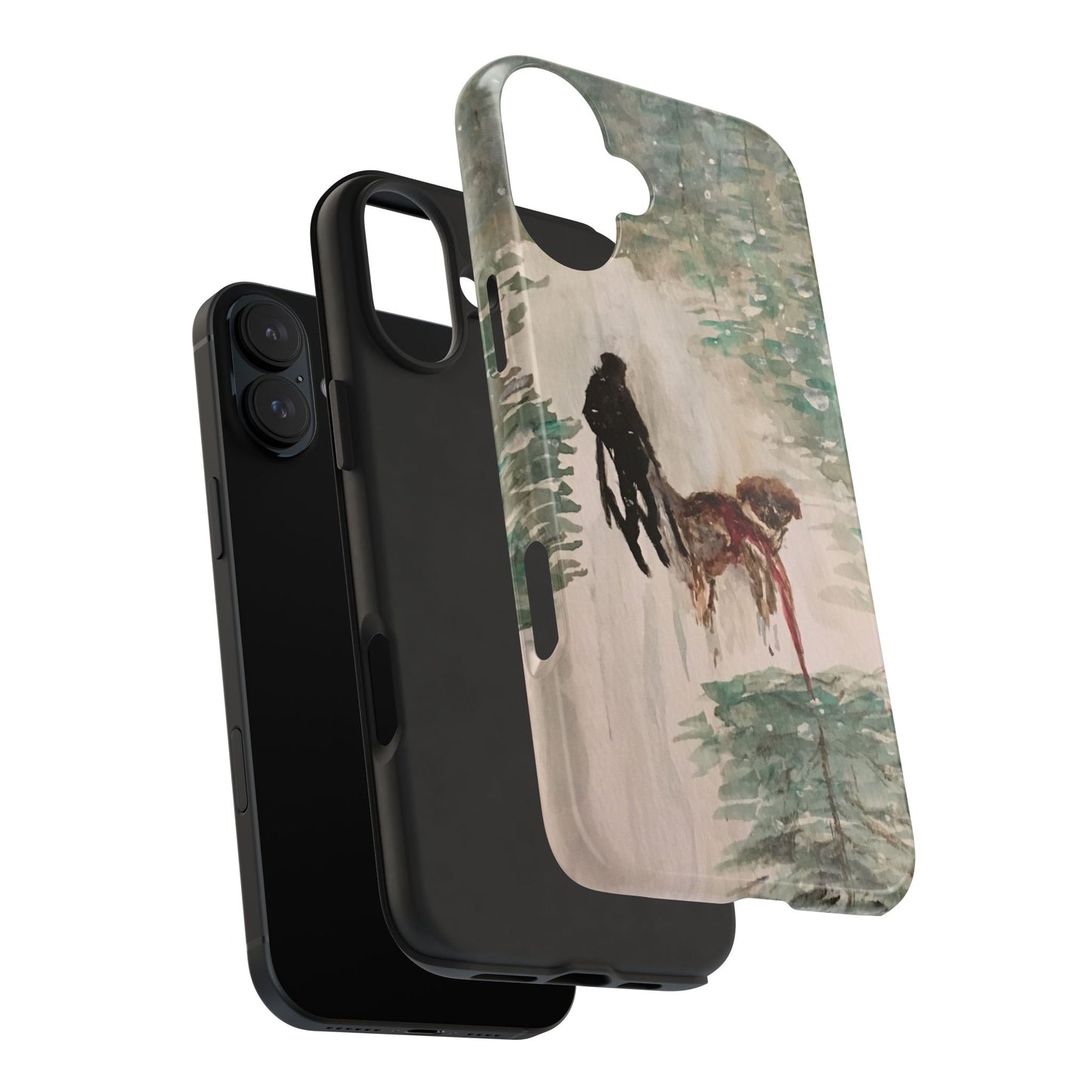 Skier Dog Pulling Tree Tough Phone Cases, iPhone & Samsung cases, wireless charging, pine trees, snow, original artwork, gifts, Christmas