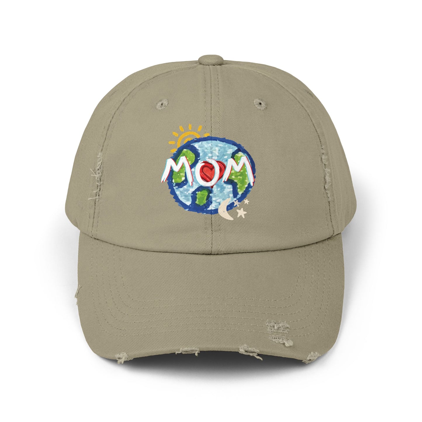 MOM Unisex Distressed Cap, Whole World, Sun, Moon & Stars, Heart, Mothers Day, Gifts for Women, Gift, Hats, Cotton Twill, Adjustable