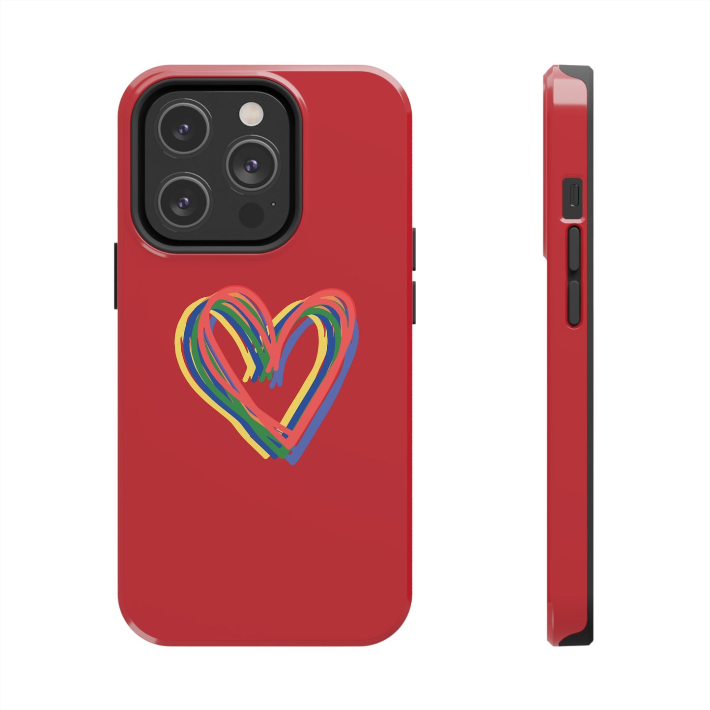 Rainbow Hearts Tough Phone Case, Red Phone Cover, Smartphone Case, Heart Pattern Phone Shell, Phone Hard Case, Colorful, Wireless Charging