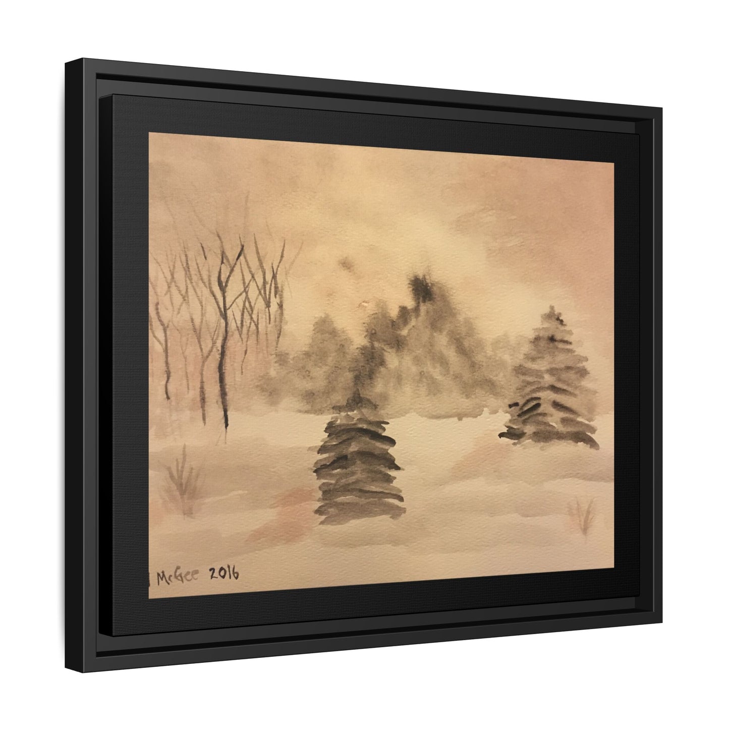 Black Frame Winter Scene, Original Watercolor Print, Snow, Nature, Trees, Forest, Artwork, Wall Art, Canvas, Black Tones, Gift, Christmas