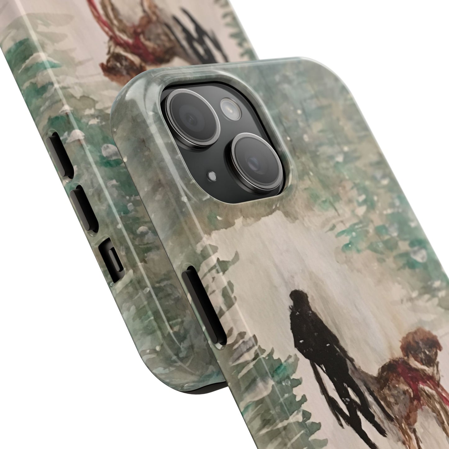 Skier Dog Pulling Tree Tough Phone Cases, iPhone & Samsung cases, wireless charging, pine trees, snow, original artwork, gifts, Christmas