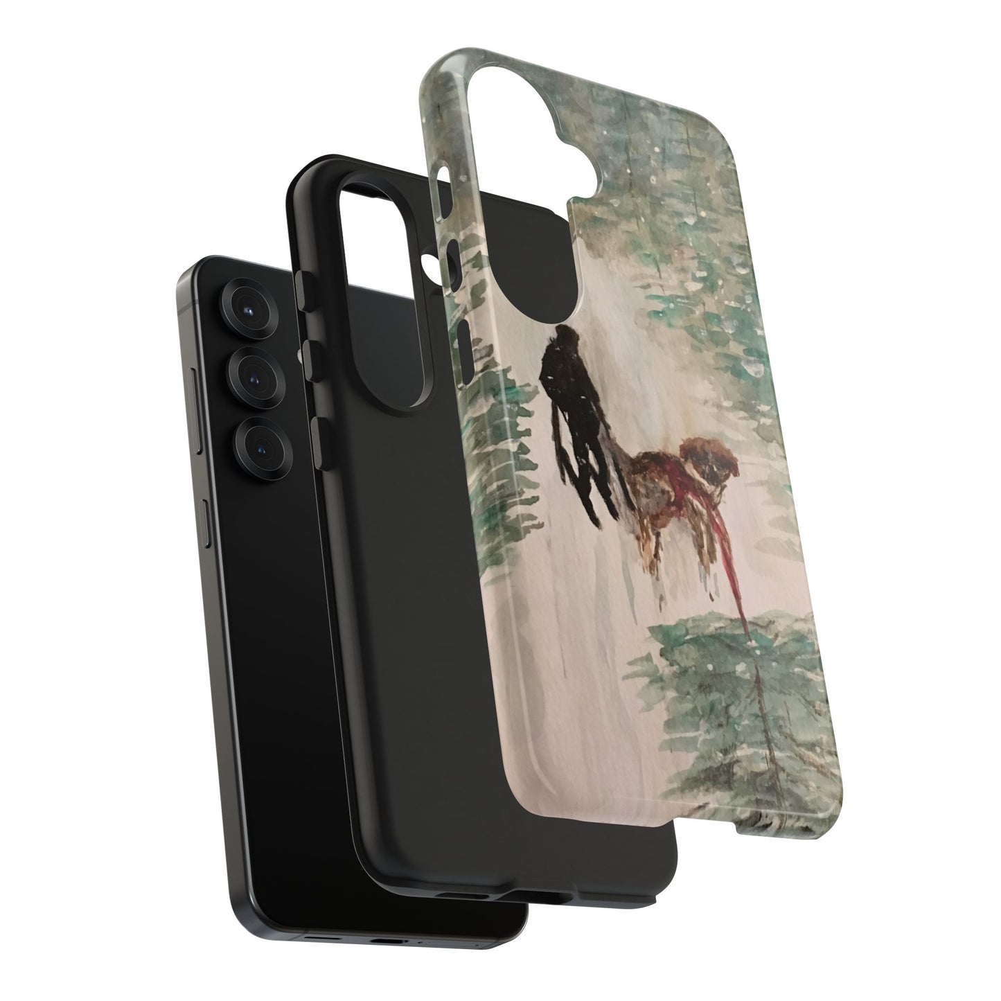 Skier Dog Pulling Tree Tough Phone Cases, iPhone & Samsung cases, wireless charging, pine trees, snow, original artwork, gifts, Christmas