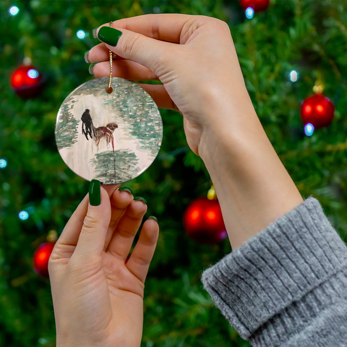 Skier Dog Pulling Tree Hanging Ceramic Ornament, 4 Shapes Circle, Snowflake, Heart, Star, Christmas Tree, Holiday, Decor, Gifts, Snow Forest
