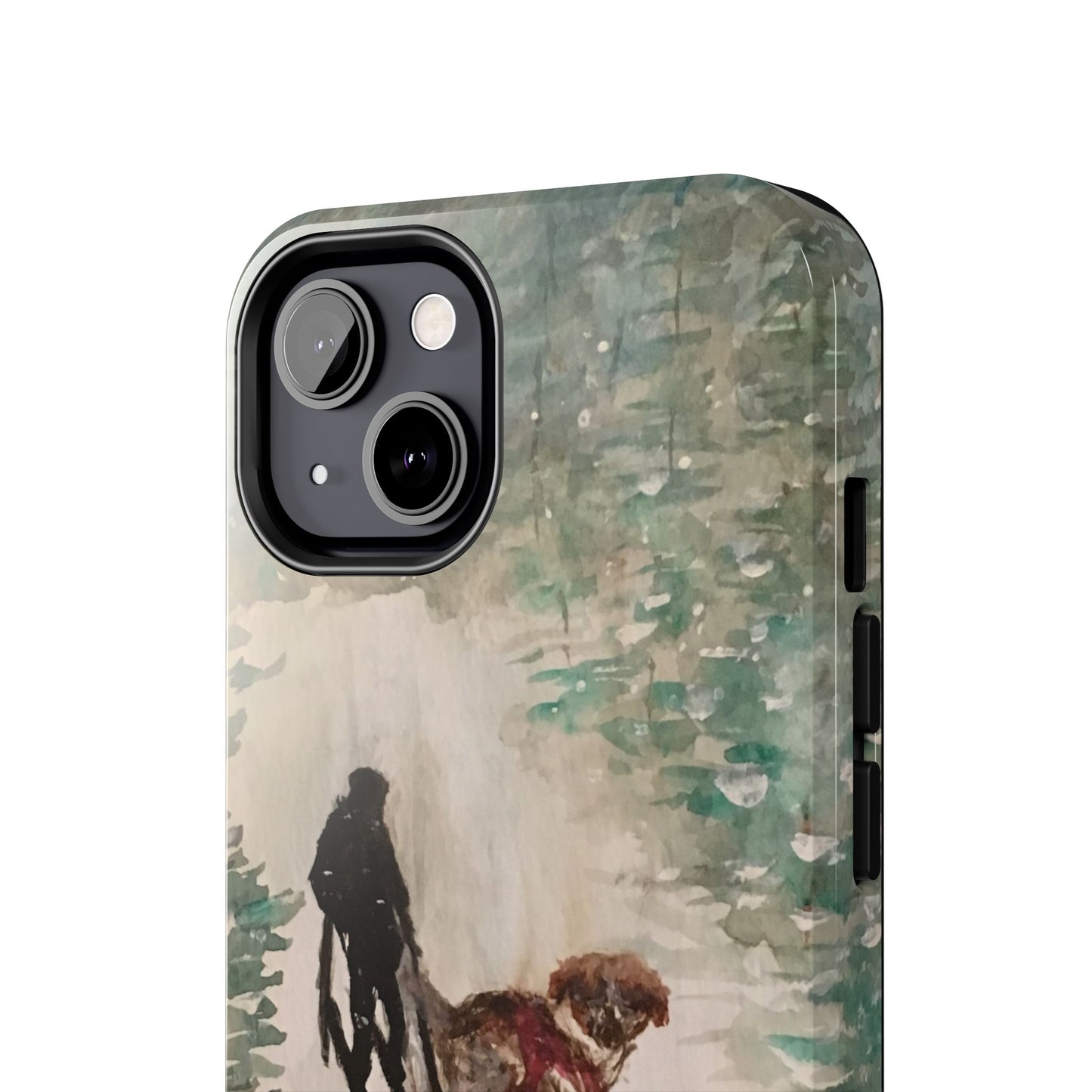Skier Dog Pulling Tree Tough Phone Cases, iPhone & Samsung cases, wireless charging, pine trees, snow, original artwork, gifts, Christmas