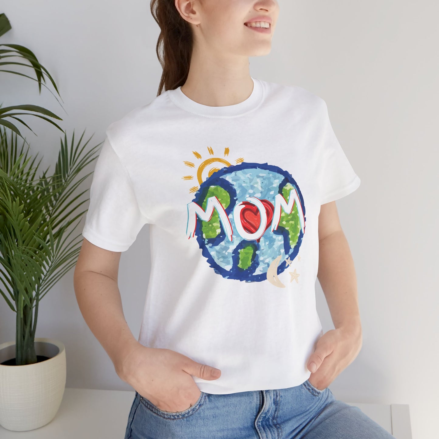 MOM Unisex Tee, Whole World, Sun Moon Stars, Heart, Love, Mothers Day, Gifts for Women, Comfy, Soft, Casual, Gender Neutral, Short Sleeves