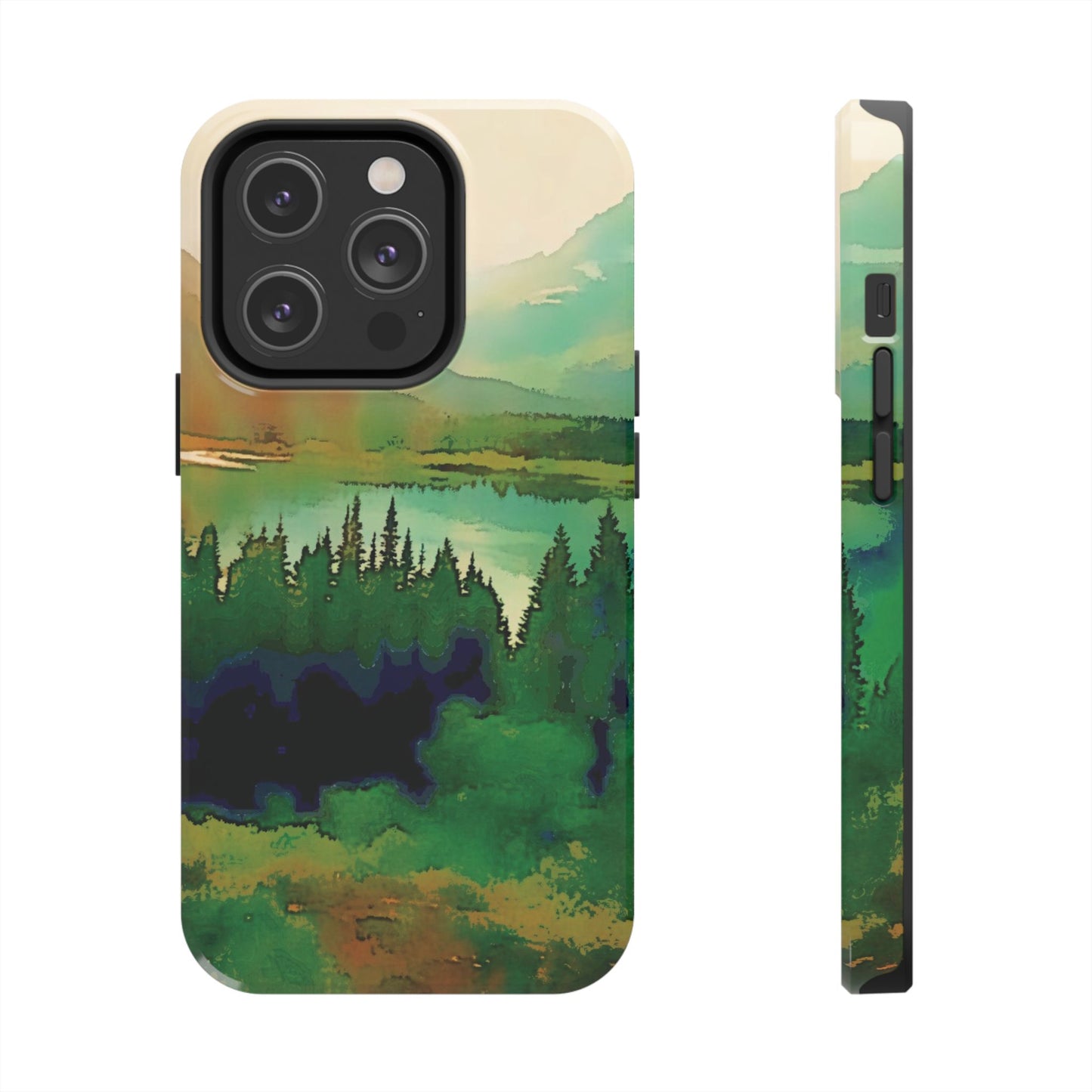 Mountain Lake Tough Phone Cases, iPhone & Samsung cases, wireless charging, trees, nature, colorful, original artwork, gifts, Christmas