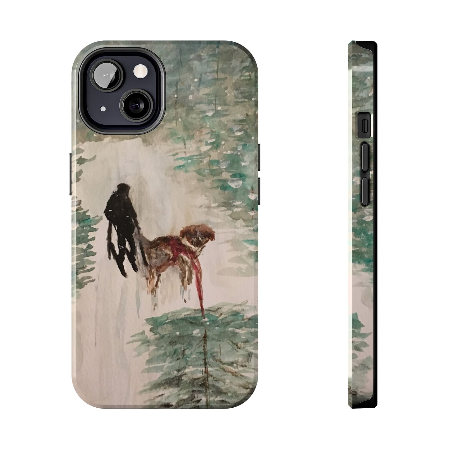 Skier Dog Pulling Tree Tough Phone Cases, iPhone & Samsung cases, wireless charging, pine trees, snow, original artwork, gifts, Christmas