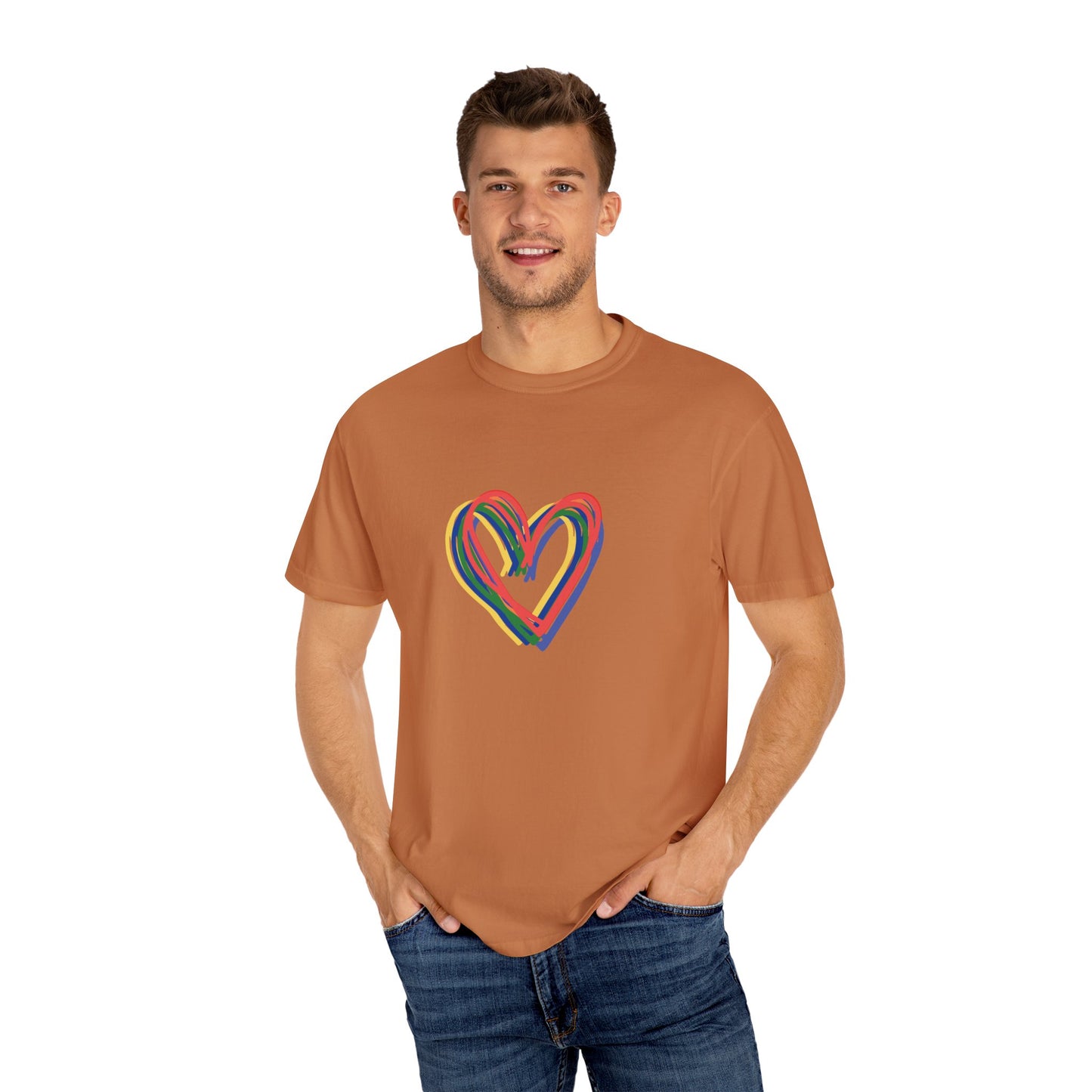 Rainbow Hearts Unisex Garment-Dyed T-shirt, love, Pride, gender neutral, casual, men, women, relaxed, soft, preshrunk cotton, Valentines Day