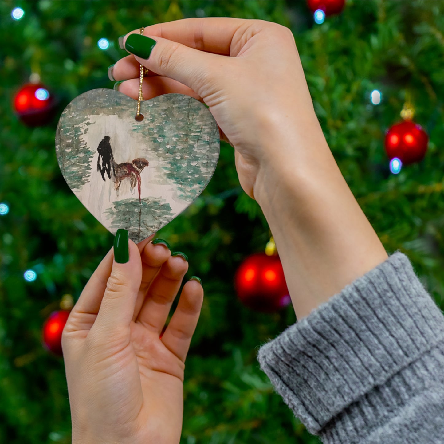 Skier Dog Pulling Tree Hanging Ceramic Ornament, 4 Shapes Circle, Snowflake, Heart, Star, Christmas Tree, Holiday, Decor, Gifts, Snow Forest