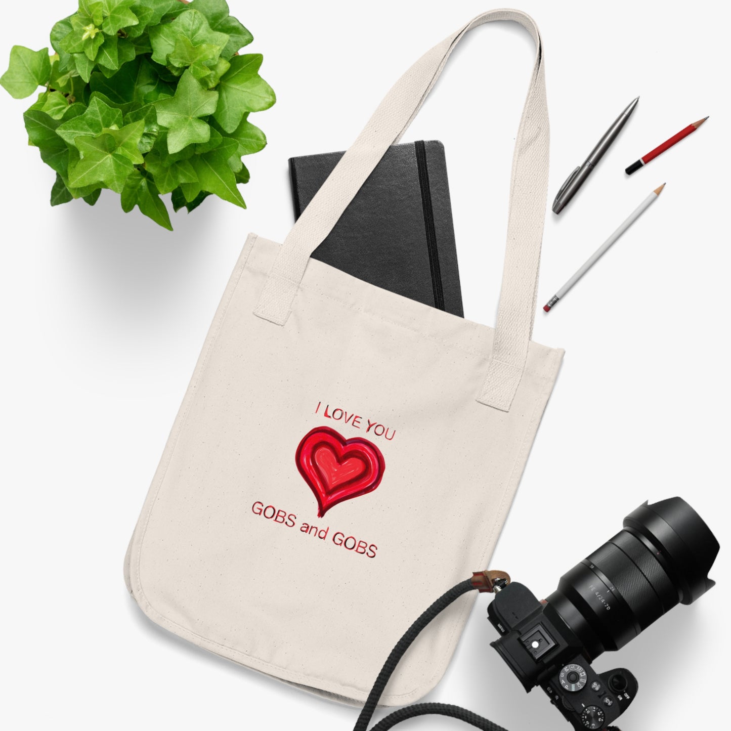 I Love You Gobs & Gobs Organic Canvas Tote Bag, Hearts, Gender Neutral, Women, Men, Kids, Gift, Groceries, Shopping, Books, Eco, Valentines