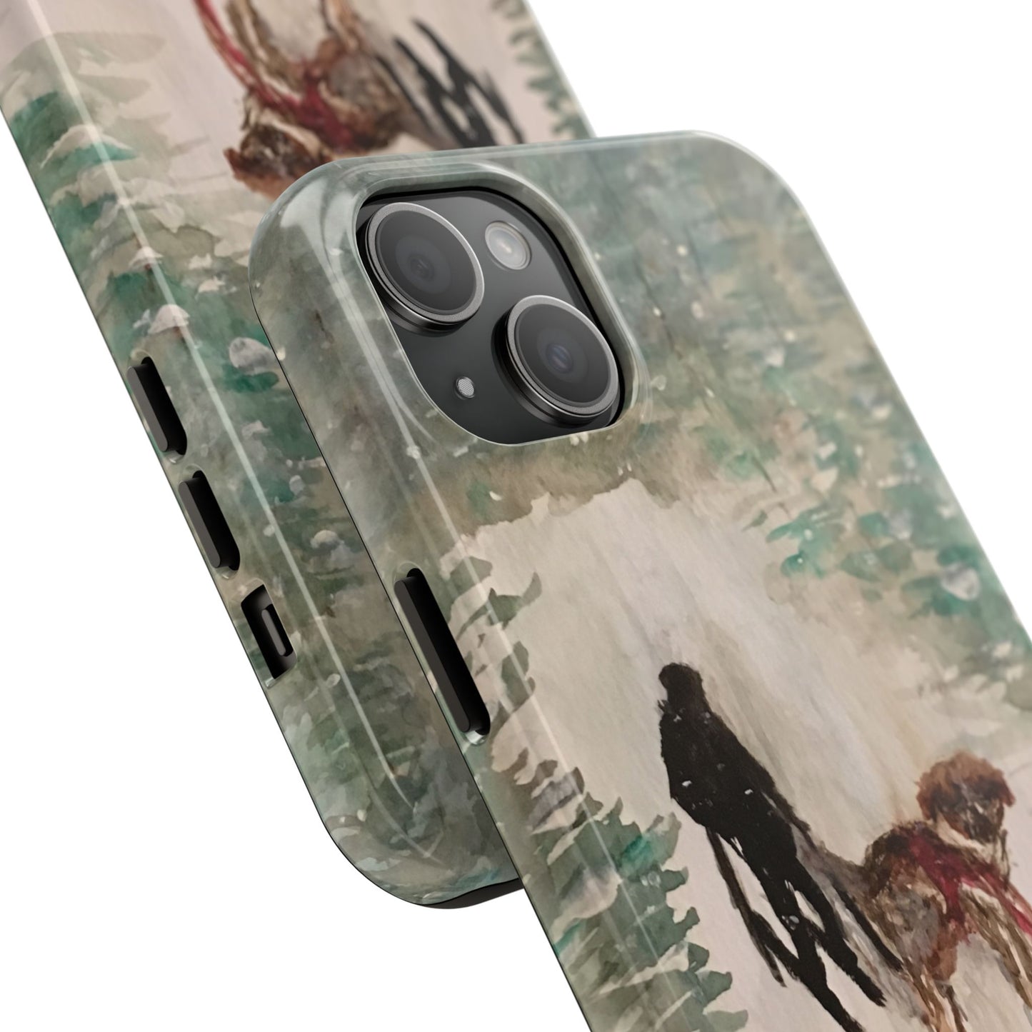 Skier Dog Pulling Tree Tough Phone Cases, iPhone & Samsung cases, wireless charging, pine trees, snow, original artwork, gifts, Christmas