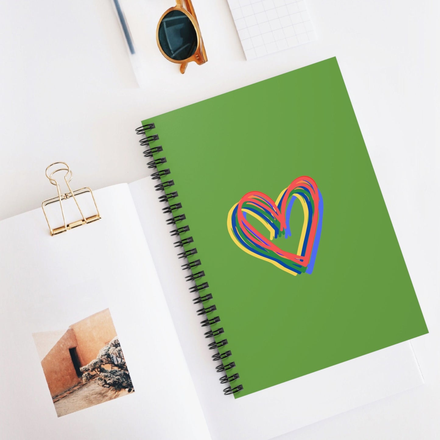 Rainbow Hearts Green Spiral Notebook, Ruled Line, Love, Pride, gender neutral, journal, paper, writing, gift, teens, adults, kids, friends