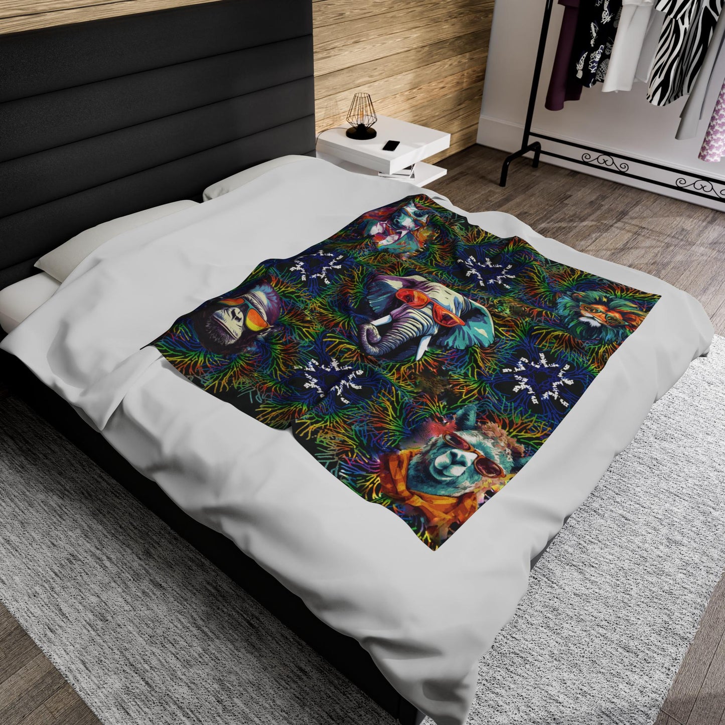 Black Wild & Cool Creatures Velveteen Blanket, Animals, Cozy Throw Home Decor, Gift, Bed Cover Vibrant Couch Blanket Kids Birthday Christmas