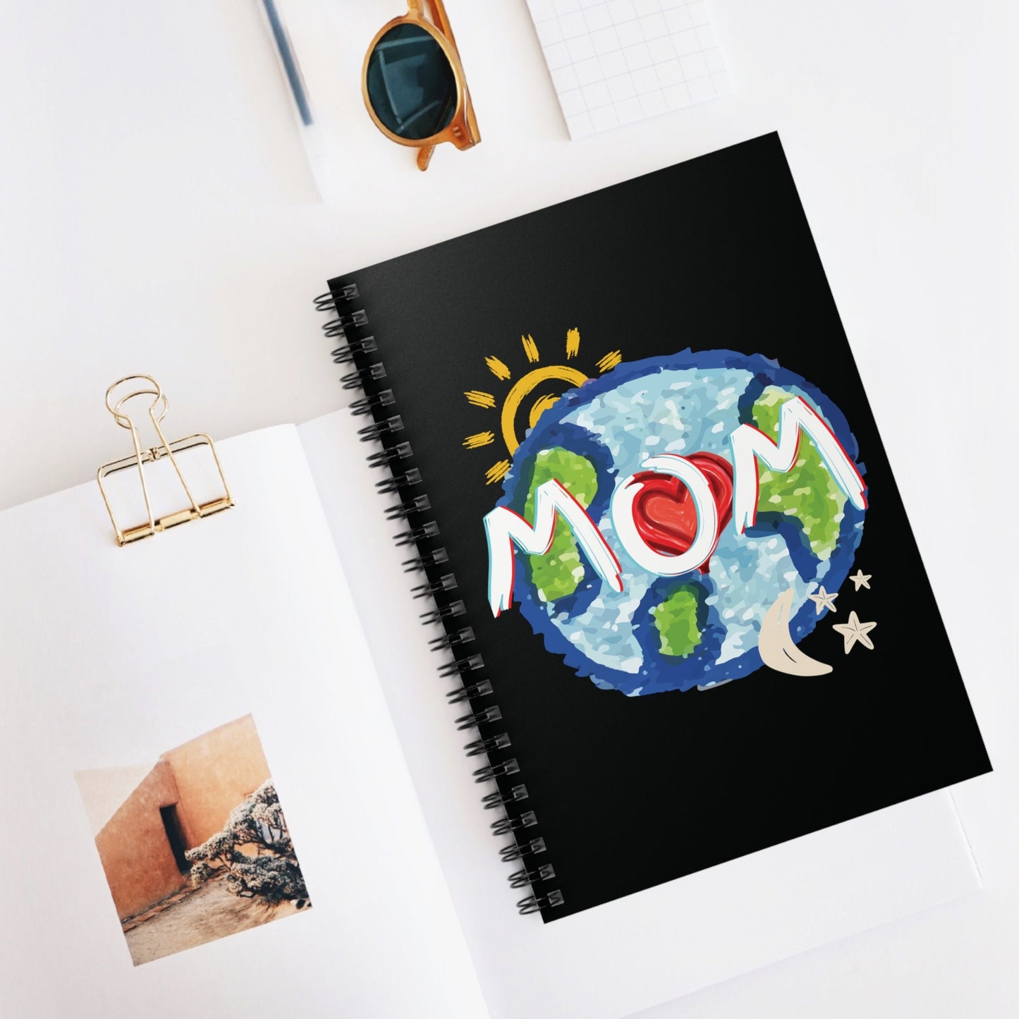 MOM Black Spiral Notebook, Ruled Line, Whole World, Sun, Moon & Stars, Heart, Love, Mothers Day, Gifts for Women, Writing, Journal, Paper