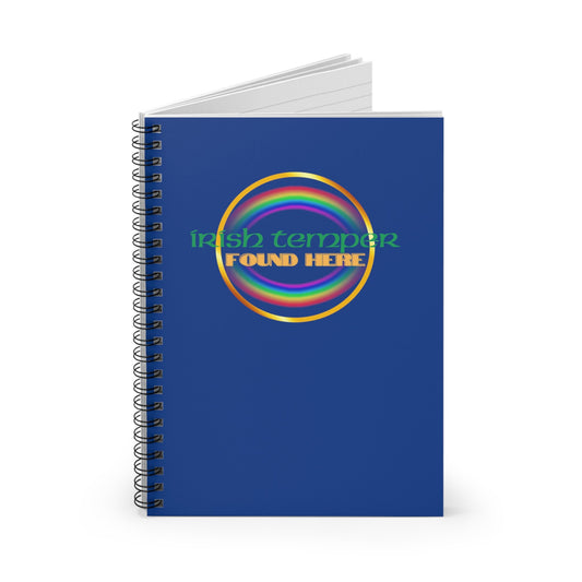 Irish Temper Found Here Blue Spiral Notebook, Ruled Line, rainbow, gender neutral, journal, gift, teens, adults, kids, friends, St Patricks
