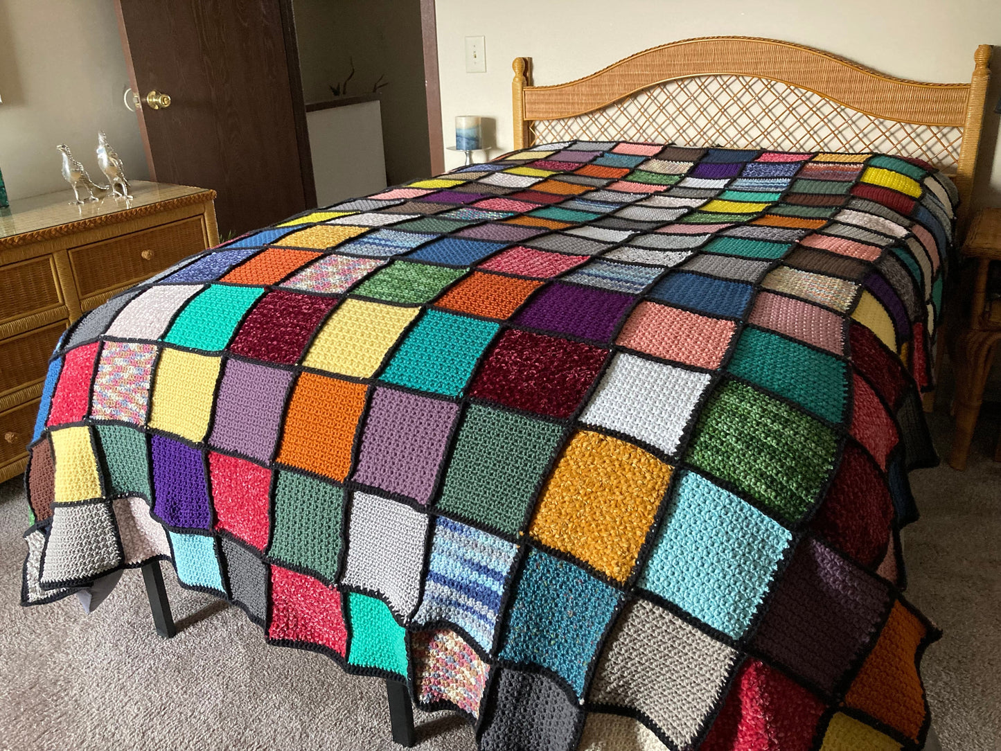Hand crocheted Afghan blanket/coverlet, handmade in Appalachia, very sturdy construction w/quality yarns, colorful squares, beautiful, warm