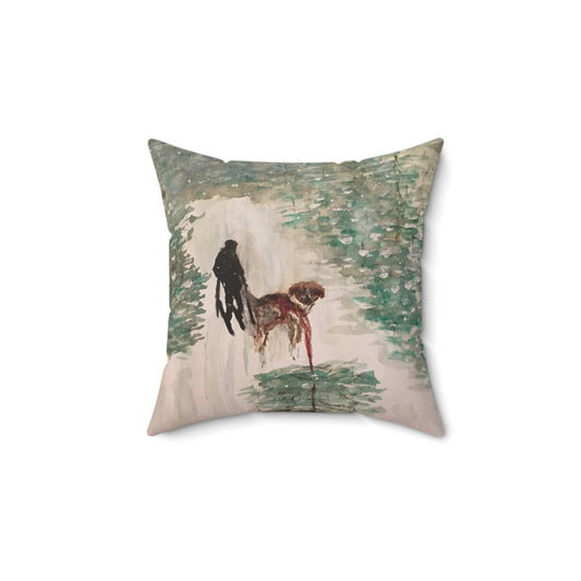 Dog Pulling Tree Spun Polyester Square Pillow, Original Watercolor, Decor, Throw, Cozy, Gift, Holiday, Tree, Forest, Nature, Rustic 4 Sizes
